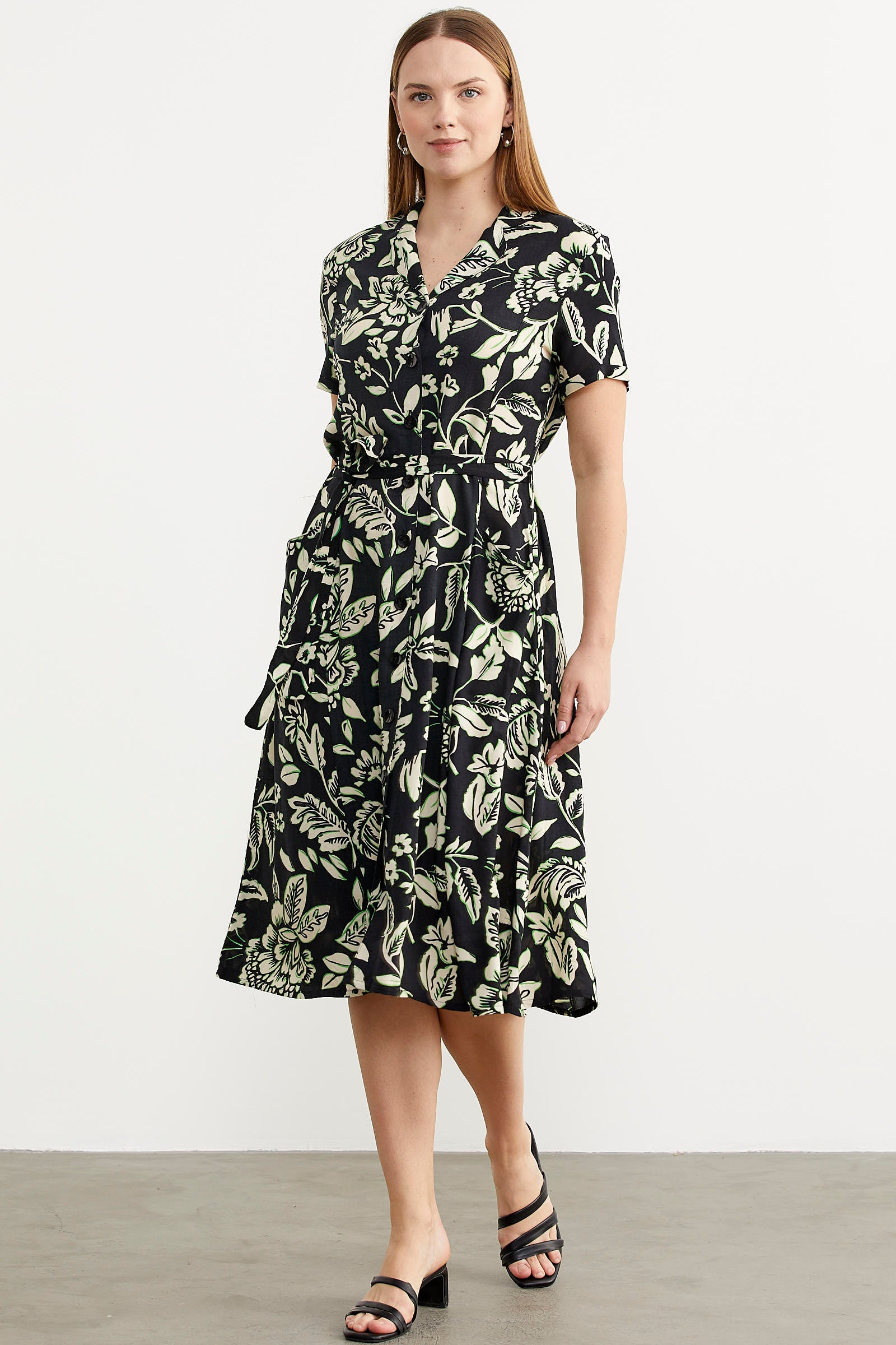 Midi Boy Çiçekli Gömlek Elbise - Siyah (4) Sementa