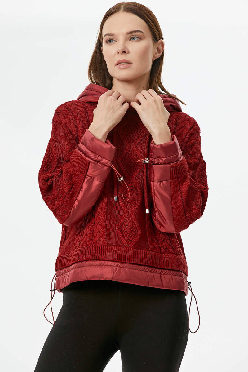 Miflon Kombinli Kapüşonlu Triko Kazak - Bordo (3) Sementa