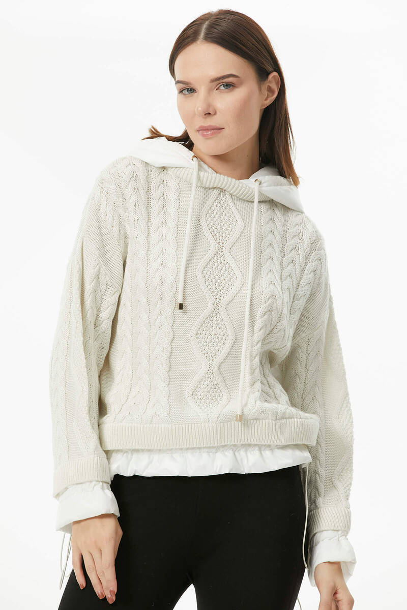 Miflon Kombinli Kapüşonlu Triko Kazak - Kemik (3) Sementa