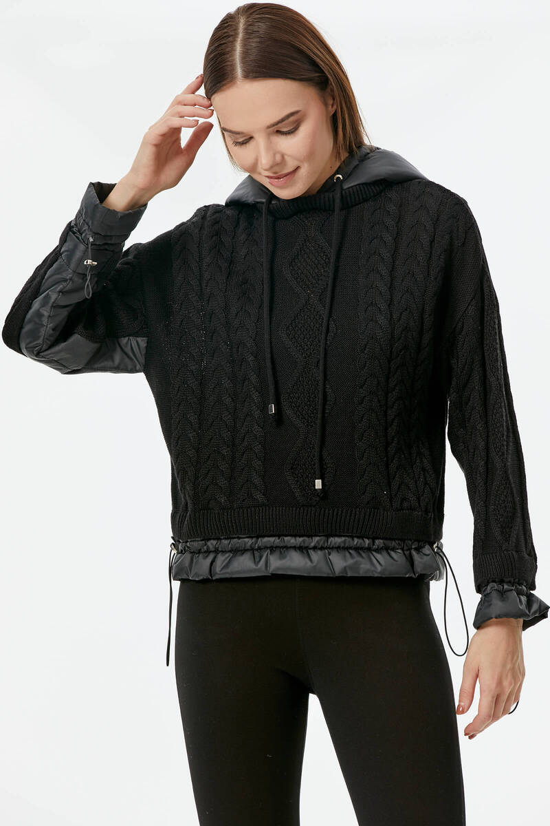 Miflon Kombinli Kapüşonlu Triko Kazak - Siyah (3) Sementa