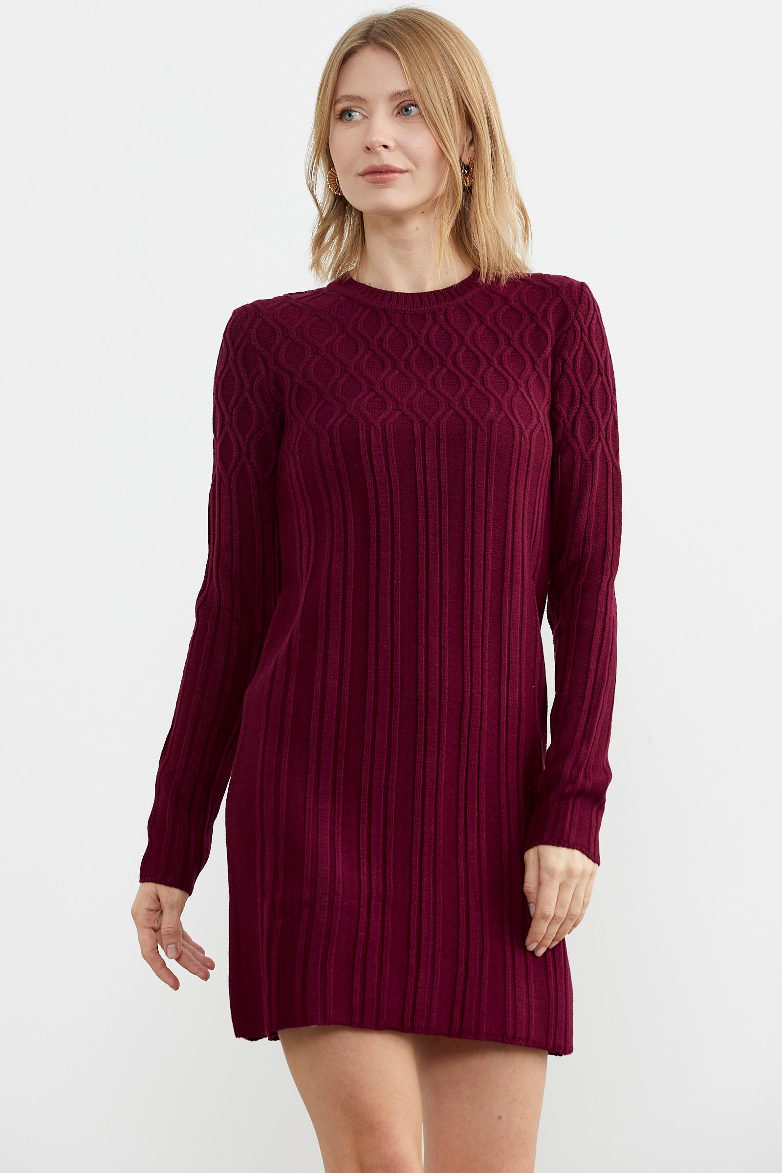 Motif Detaylı Mini Triko Elbise - Bordo (3) Sementa