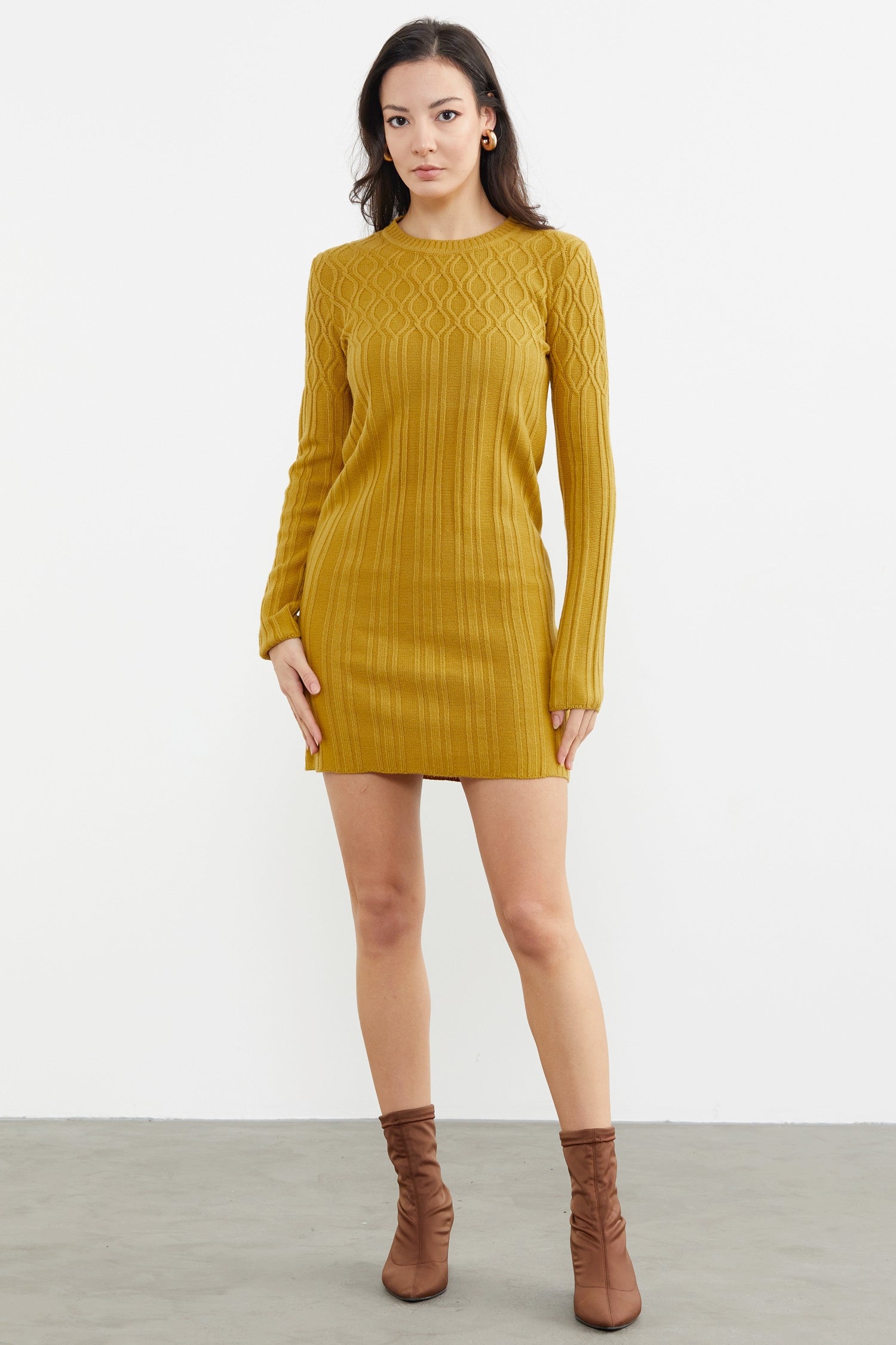 Motif Detaylı Mini Triko Elbise - Hardal (1) Sementa