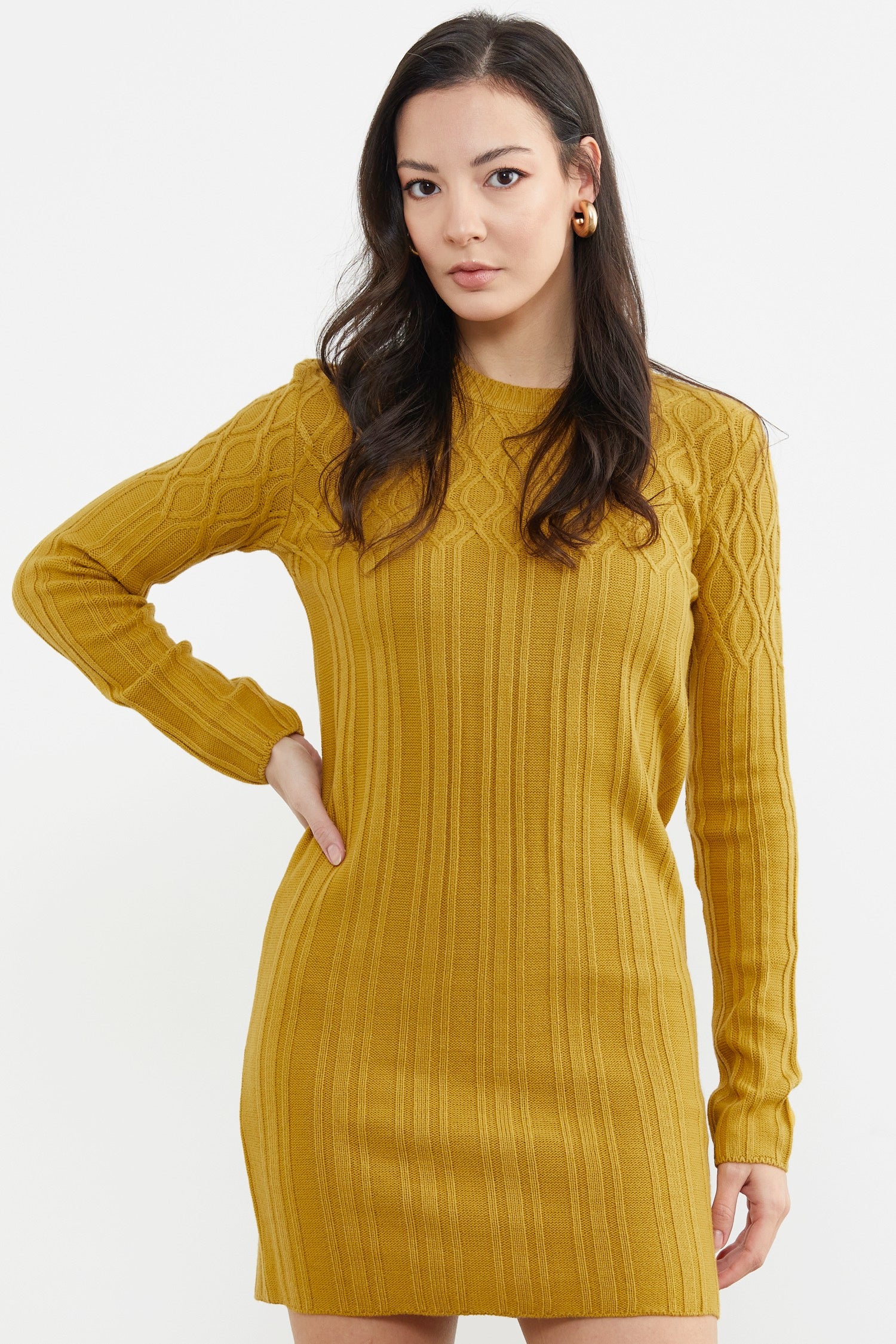 Motif Detaylı Mini Triko Elbise - Hardal (3) Sementa