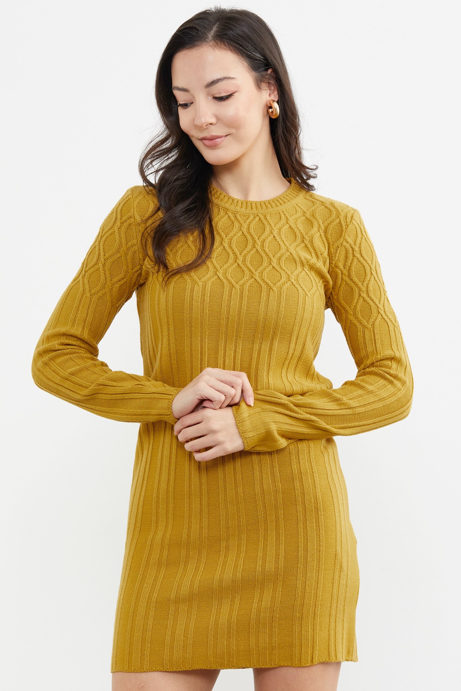 Motif Detaylı Mini Triko Elbise - Hardal (4) Sementa