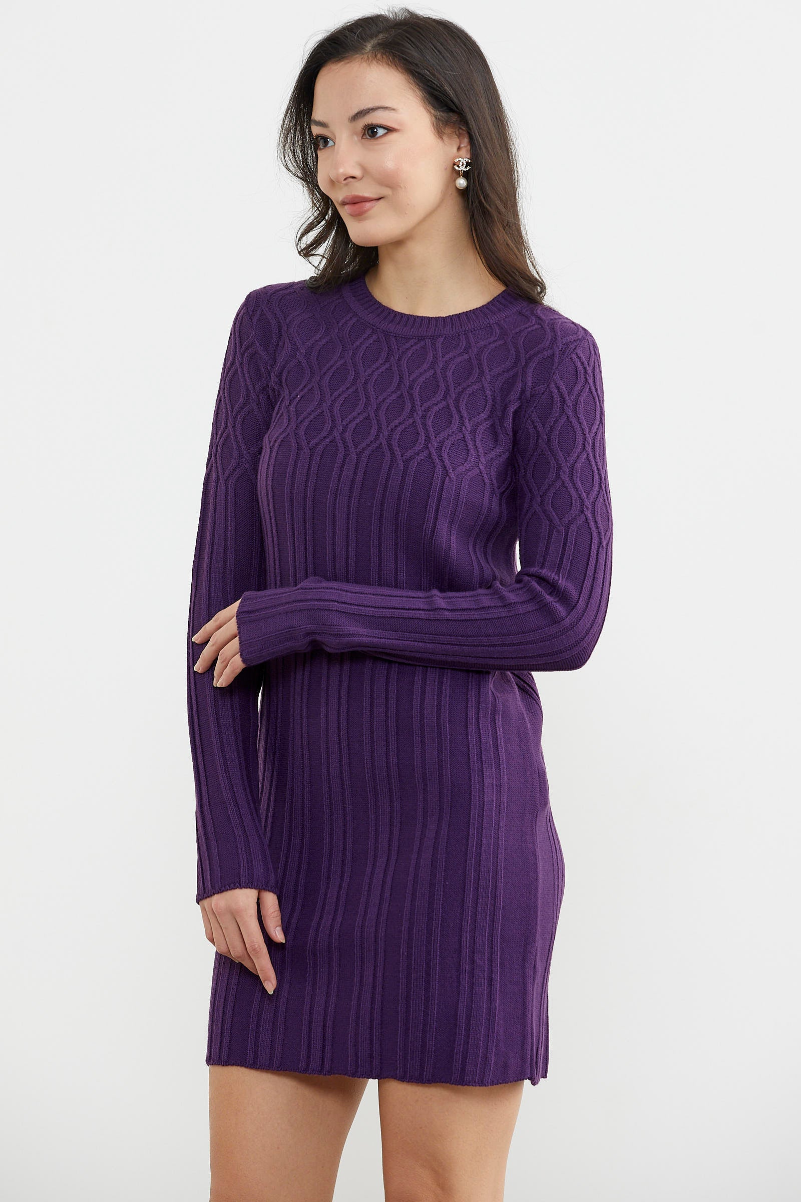 Motif Detaylı Mini Triko Elbise - Mor (3) Sementa