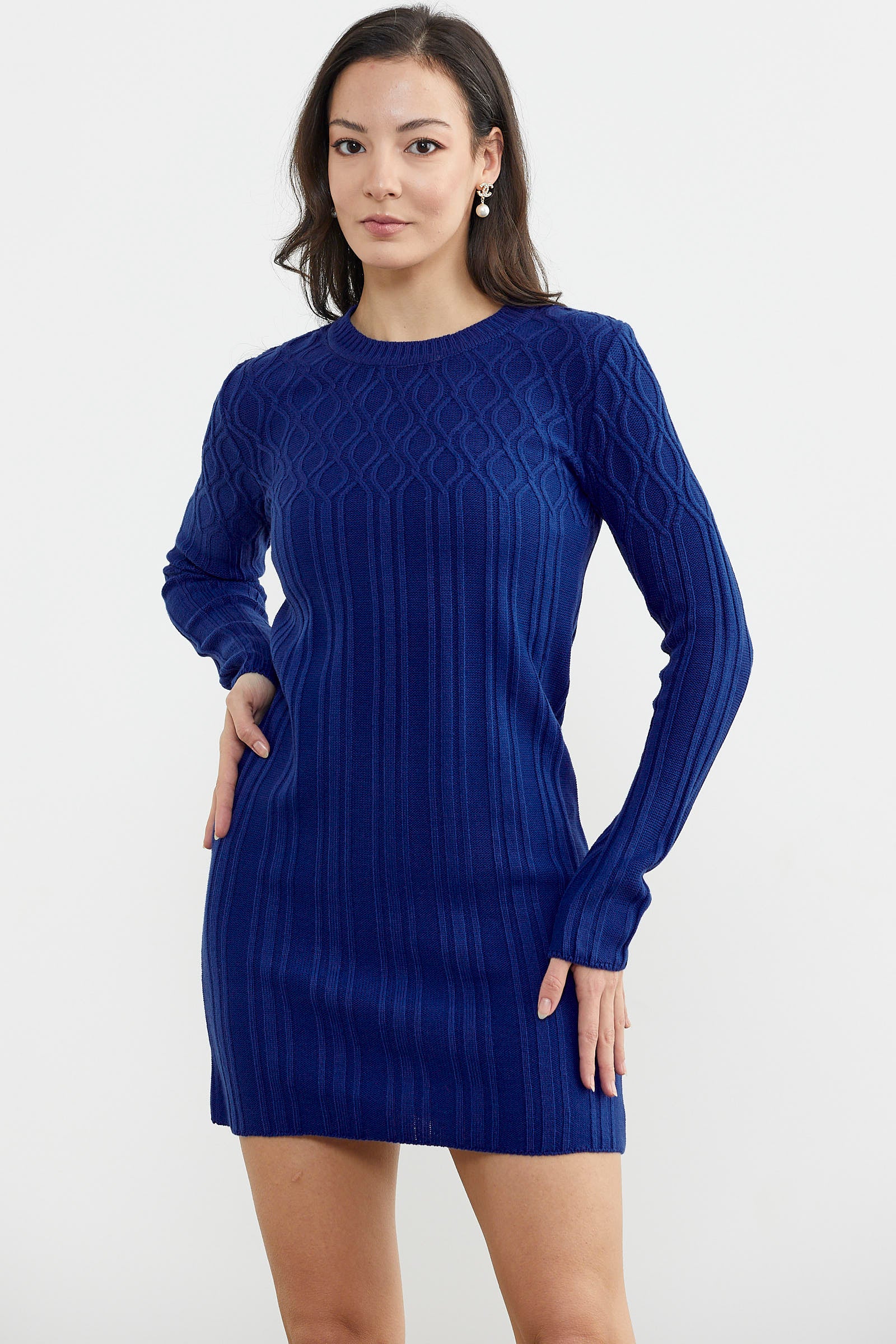 Motif Detaylı Mini Triko Elbise - Saks (2) Sementa