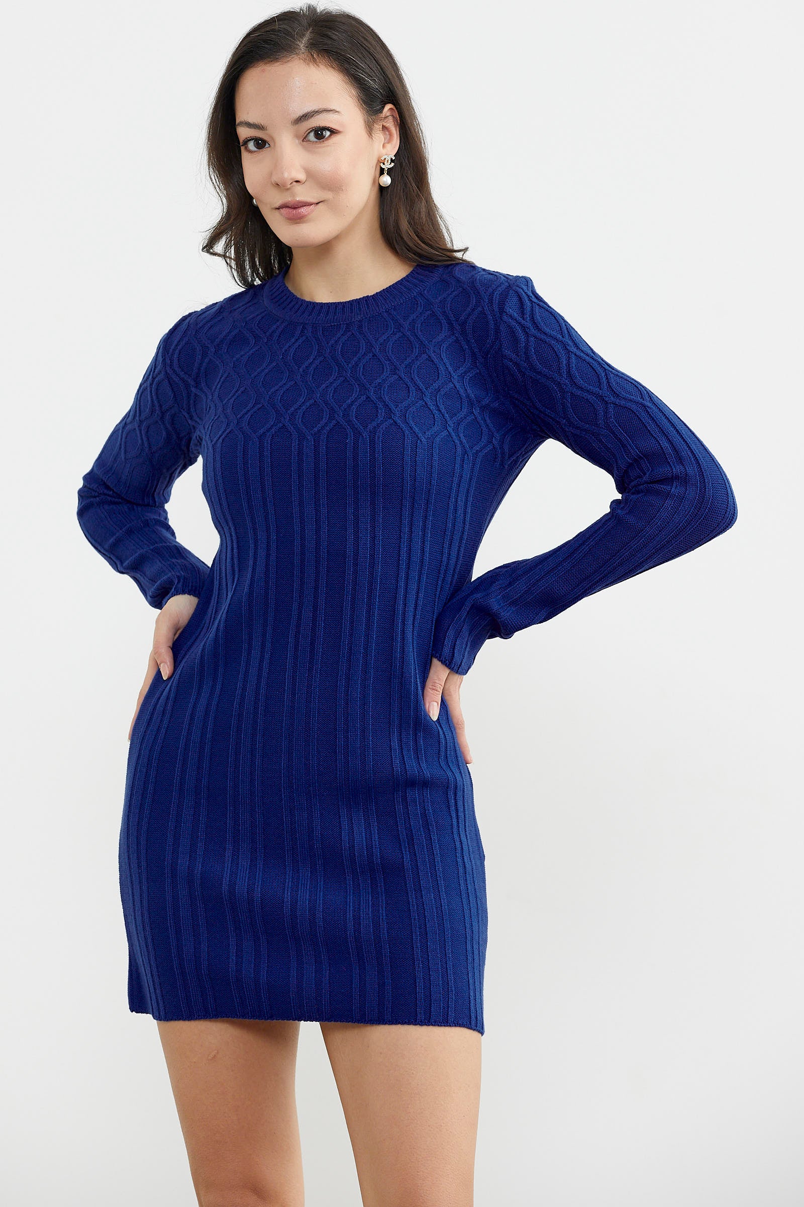 Motif Detaylı Mini Triko Elbise - Saks (3) Sementa