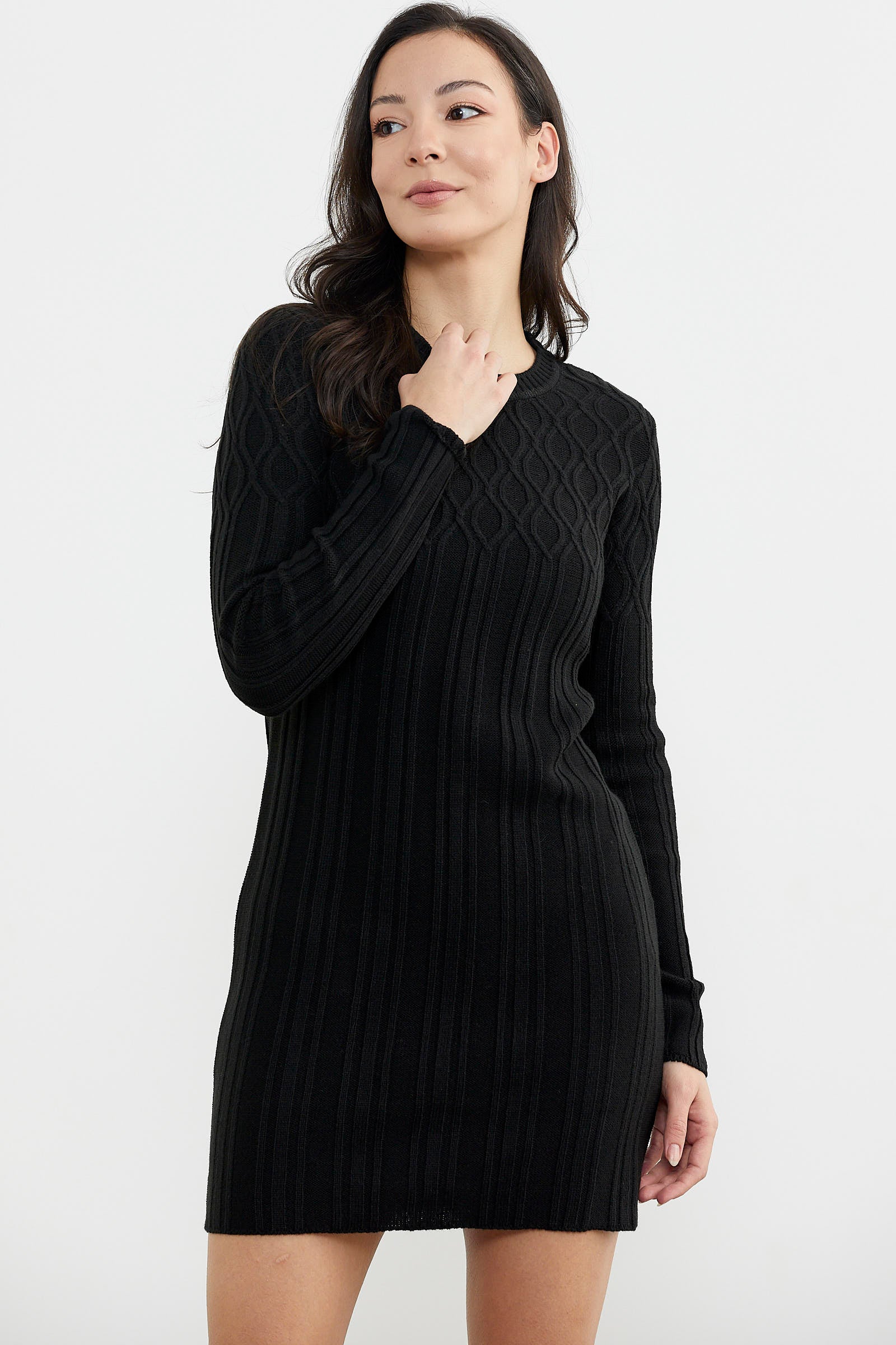 Motif Detaylı Mini Triko Elbise - Siyah (3) Sementa