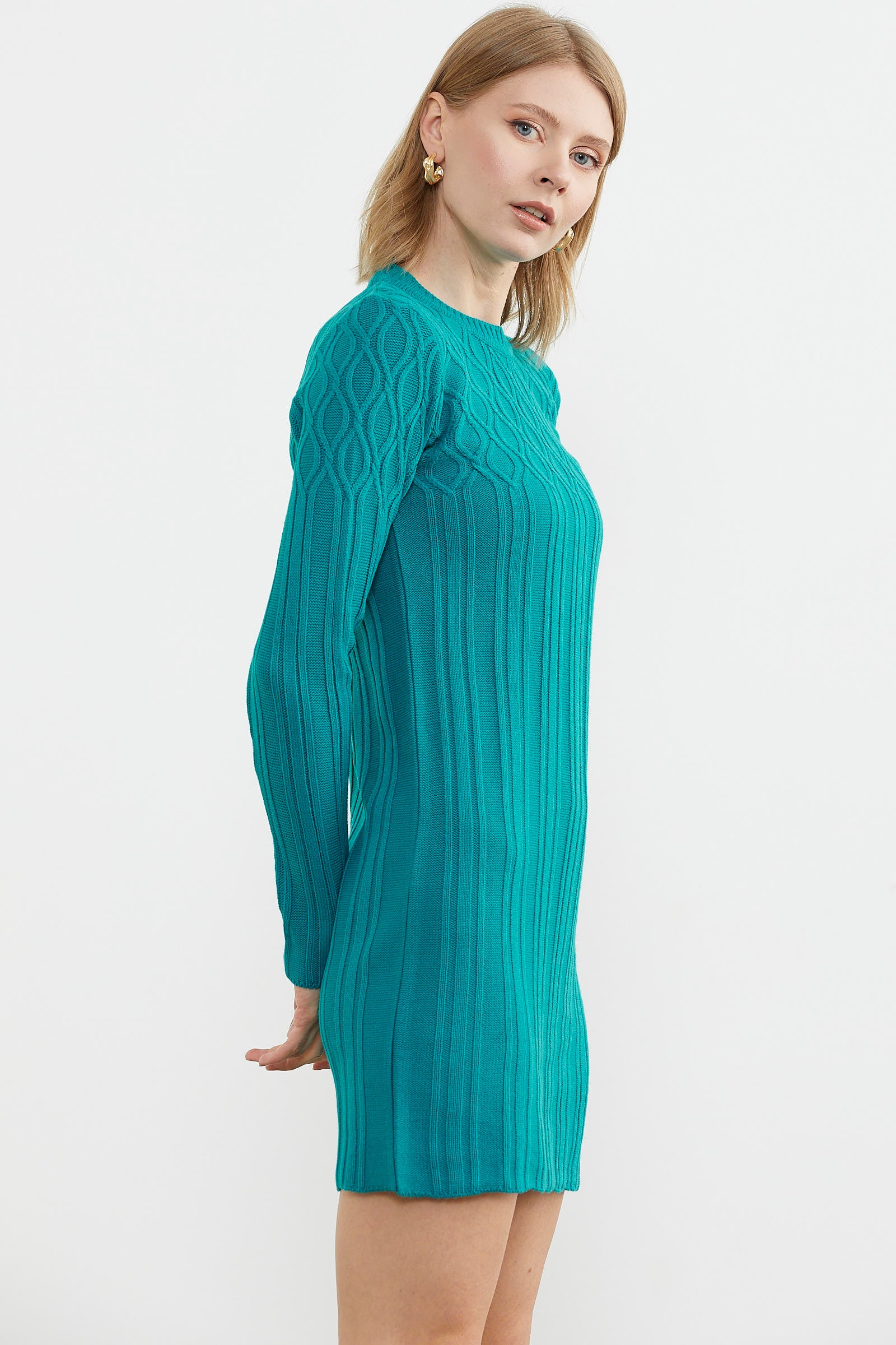 Motif Detaylı Mini Triko Elbise - Turkuaz (2) Sementa