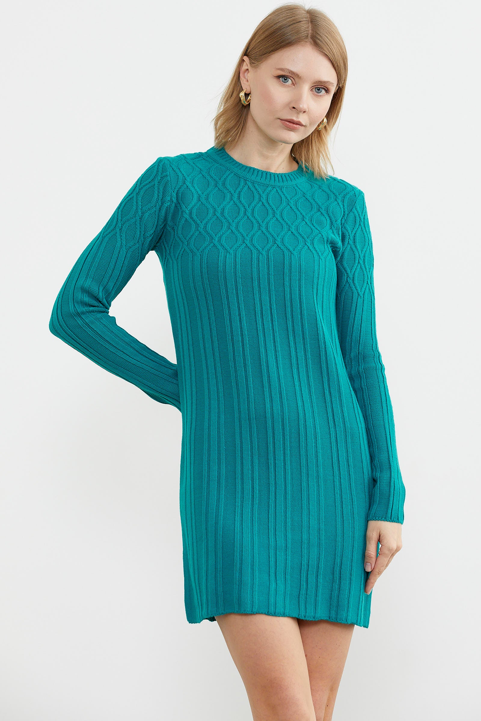 Motif Detaylı Mini Triko Elbise - Turkuaz (4) Sementa