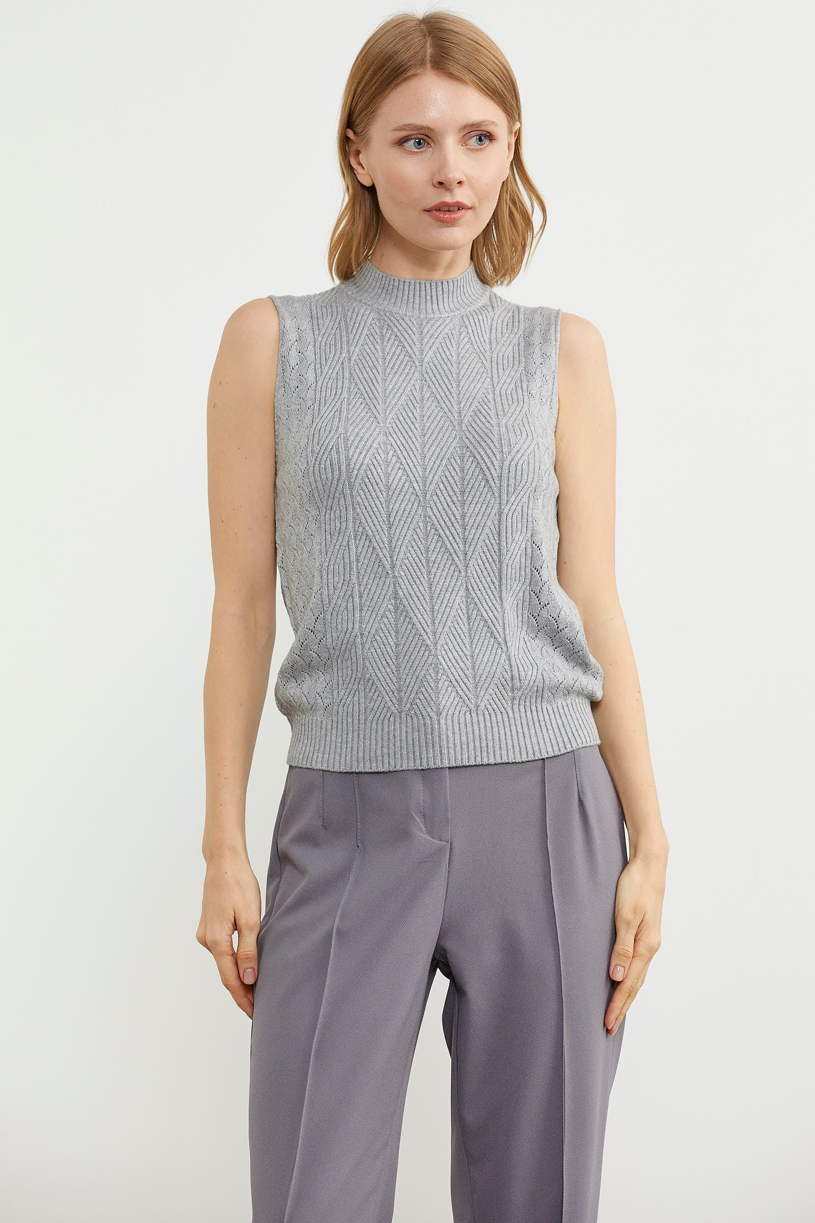 Motifli Dik Yaka Triko Süveter - Gri (4) Sementa