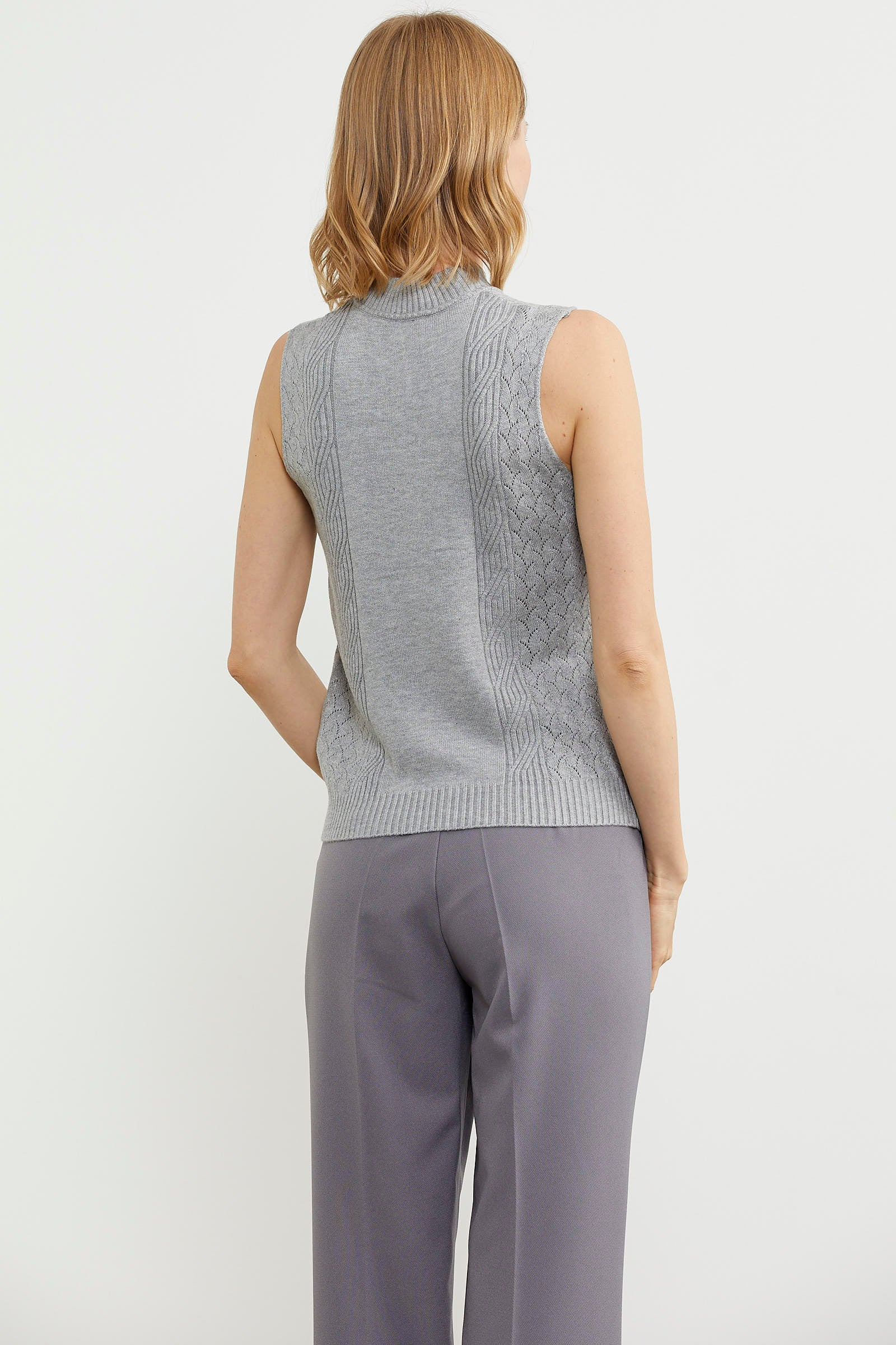 Motifli Dik Yaka Triko Süveter - Gri (5) Sementa