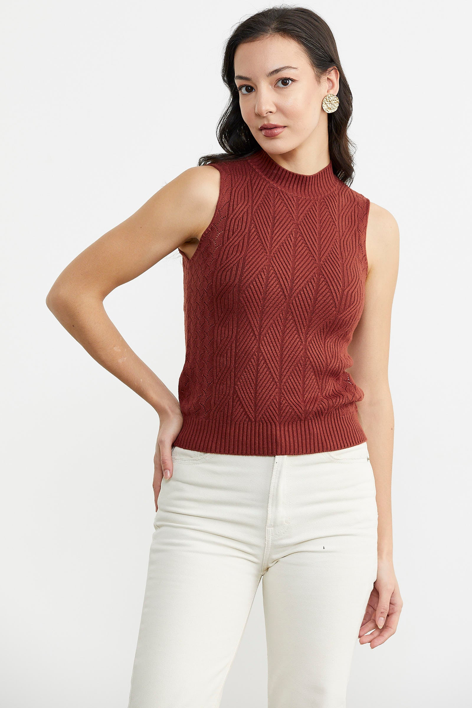 Motifli Dik Yaka Triko Süveter - Kiremit (2) Sementa