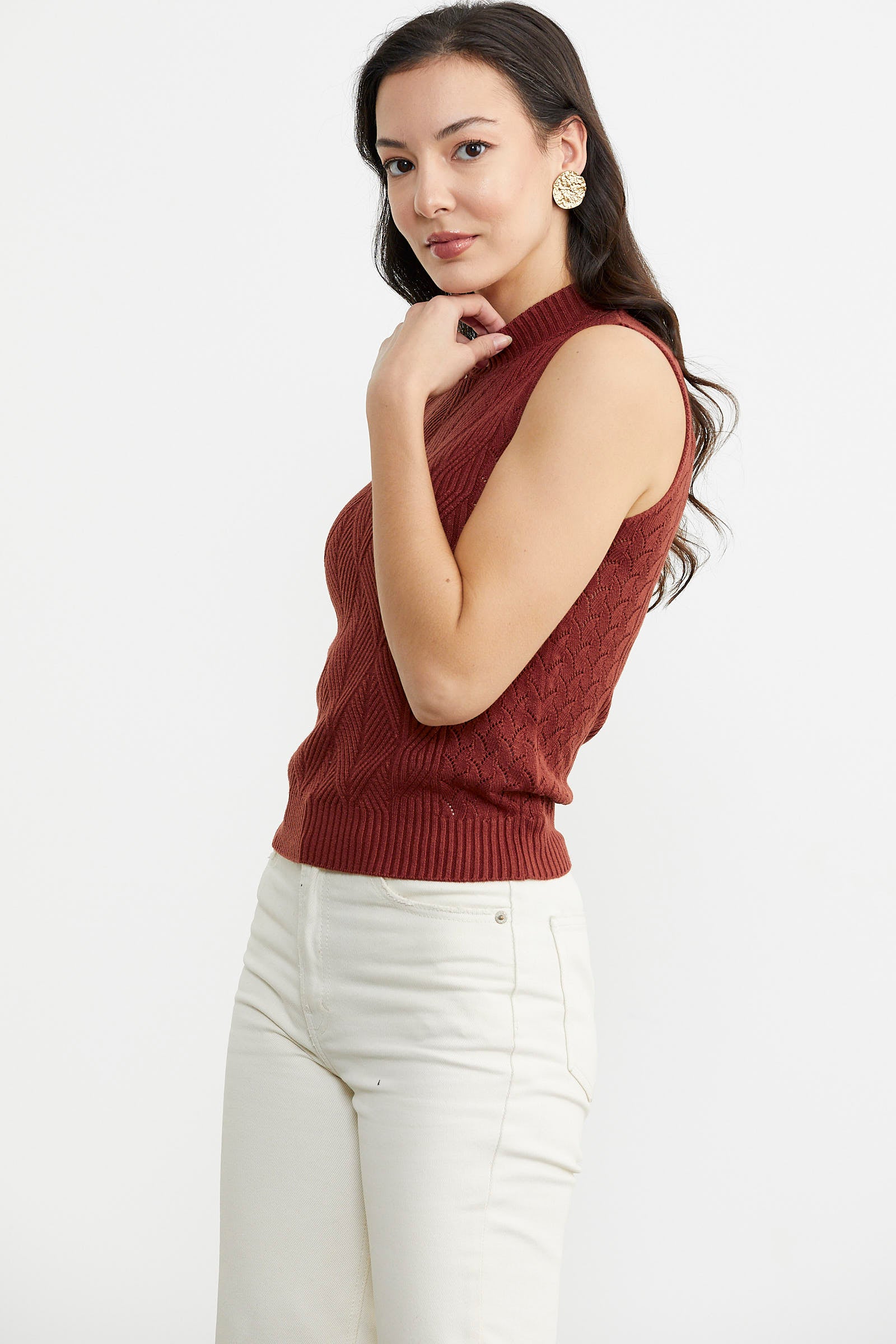 Motifli Dik Yaka Triko Süveter - Kiremit (4) Sementa