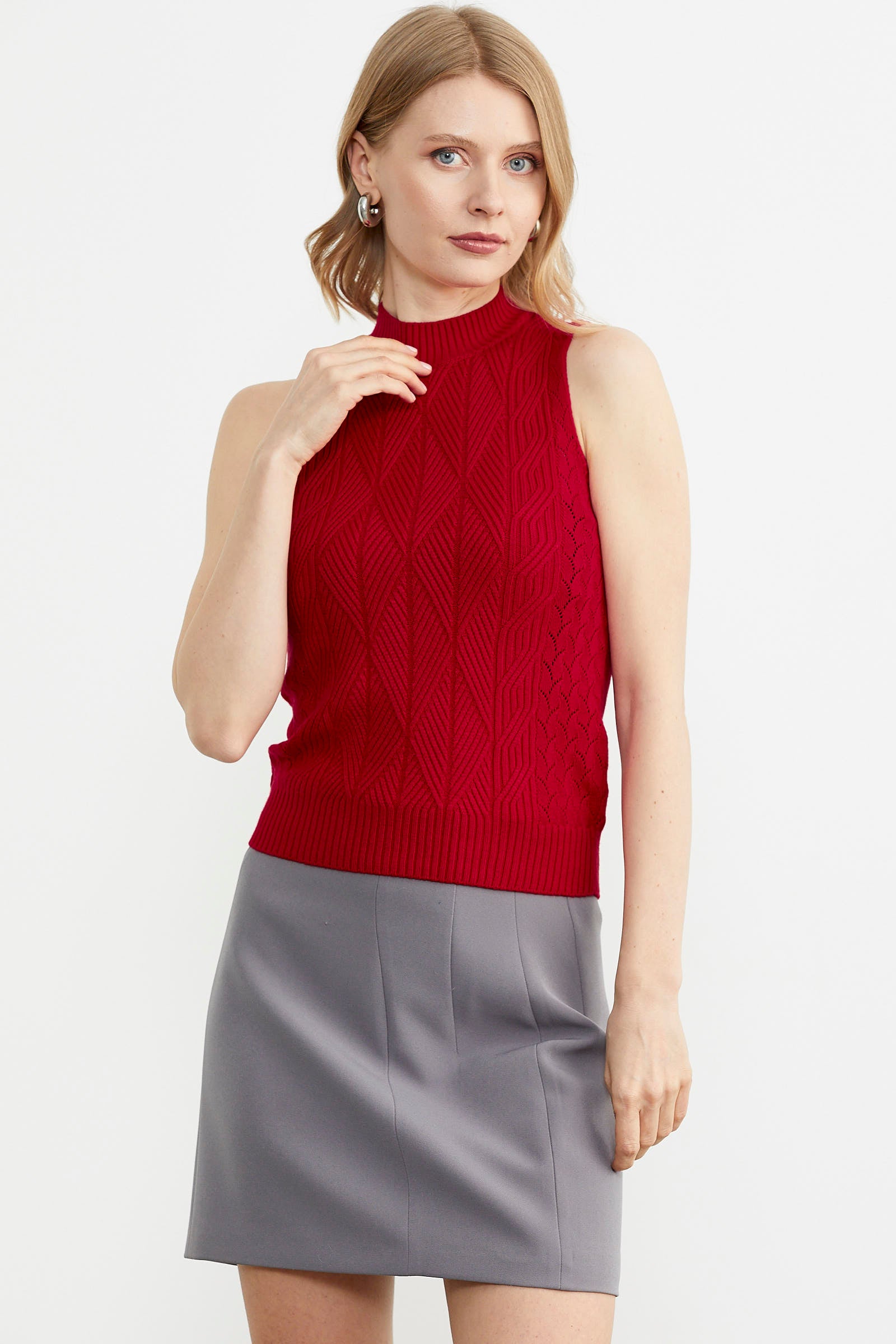 Motifli Dik Yaka Triko Süveter - Kırmızı (2) Sementa