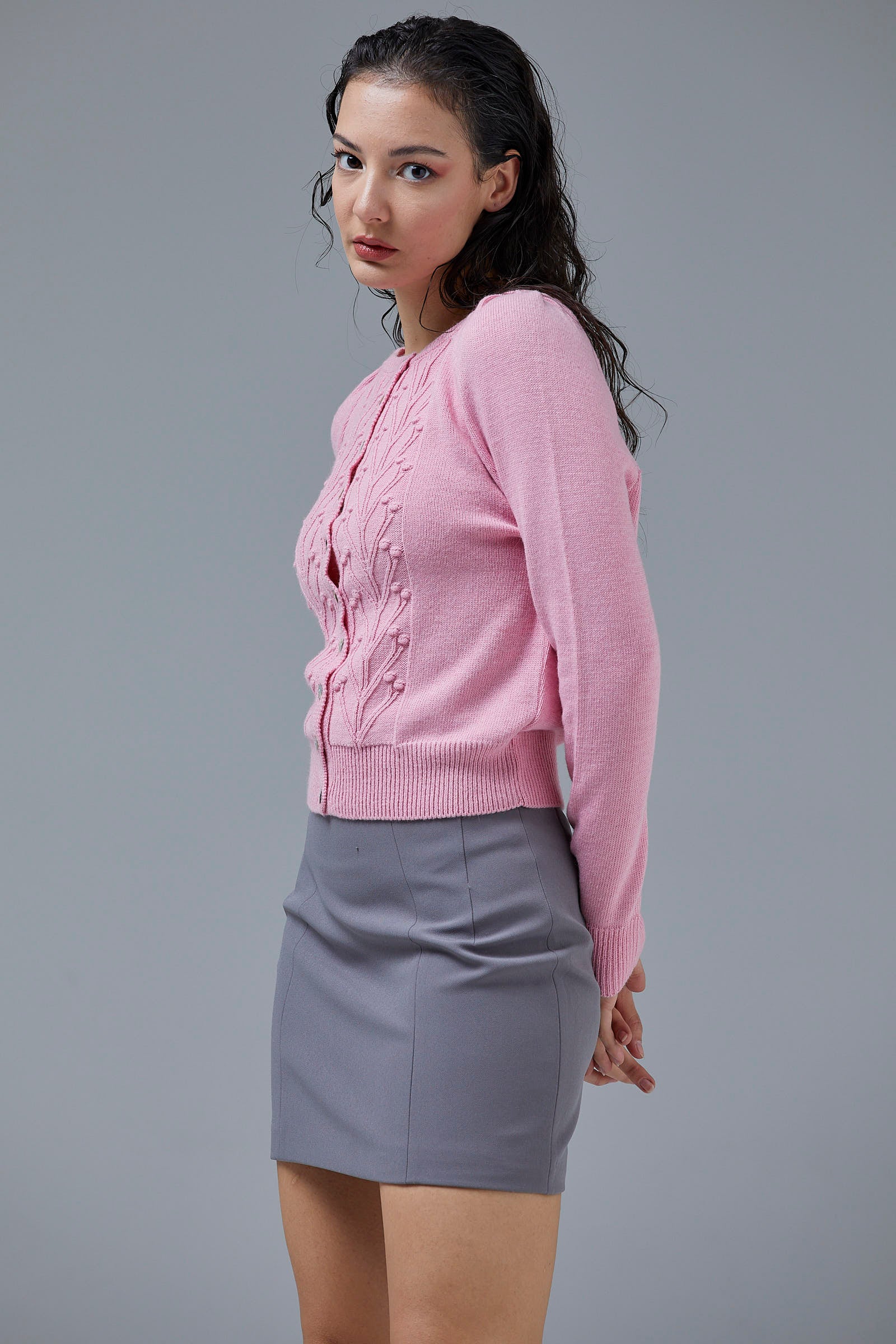 Motifli Düğmeli Kısa Triko Hırka - Pembe (2) Sementa