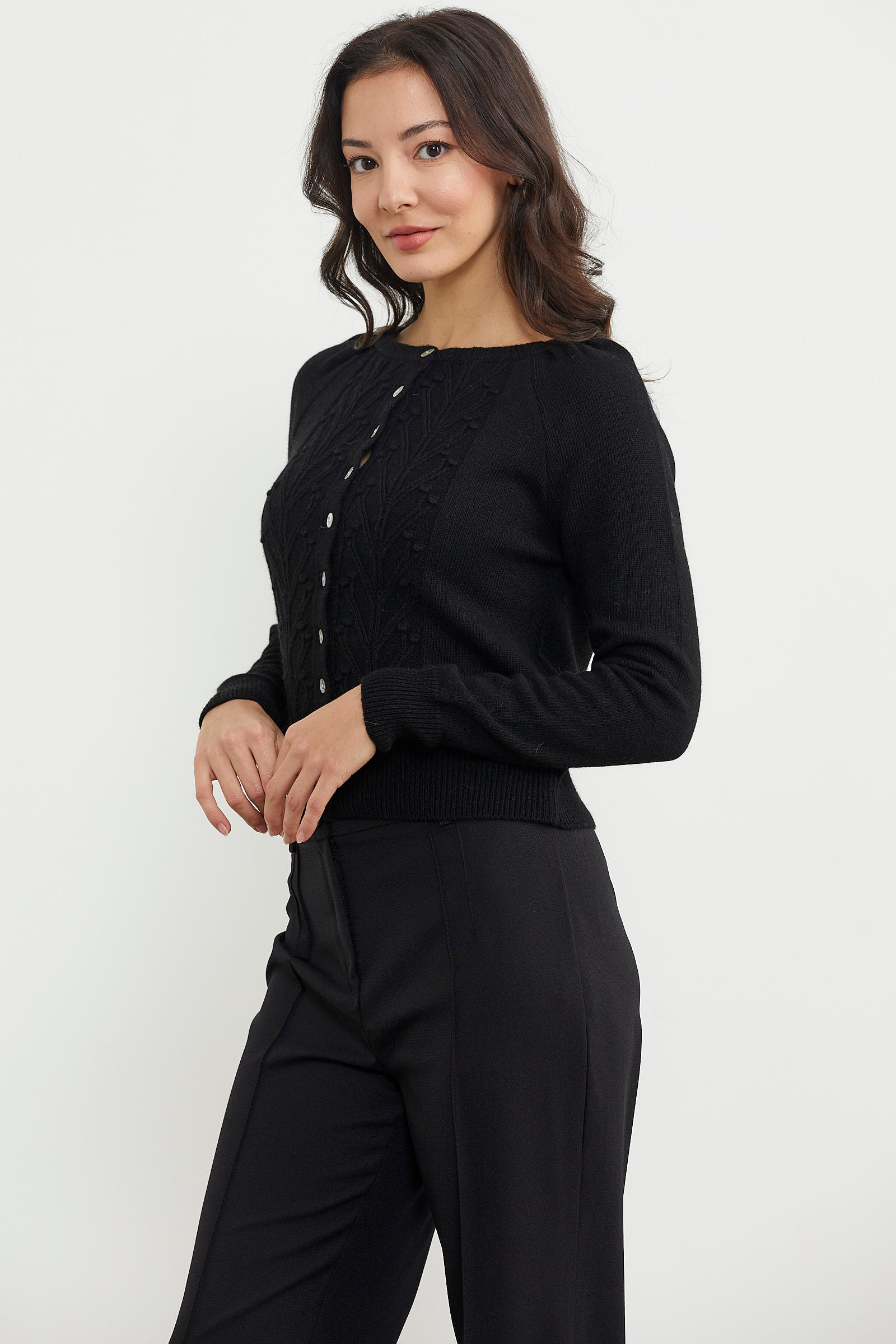 Motifli Düğmeli Kısa Triko Hırka - Siyah (3) Sementa