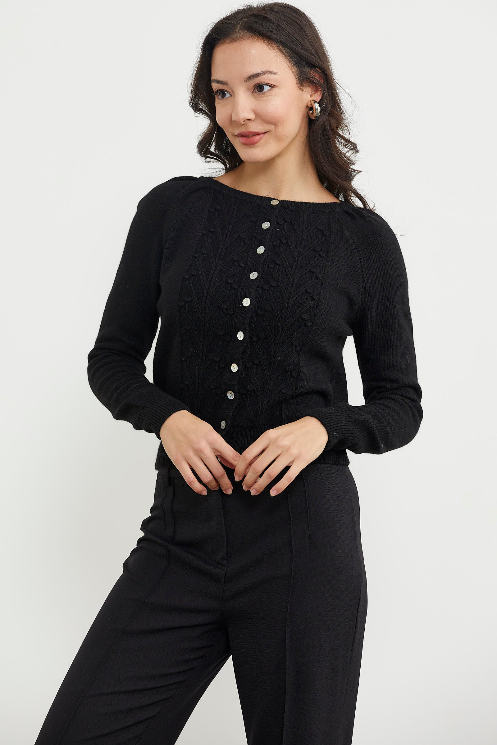 Motifli Düğmeli Kısa Triko Hırka - Siyah (4) Sementa