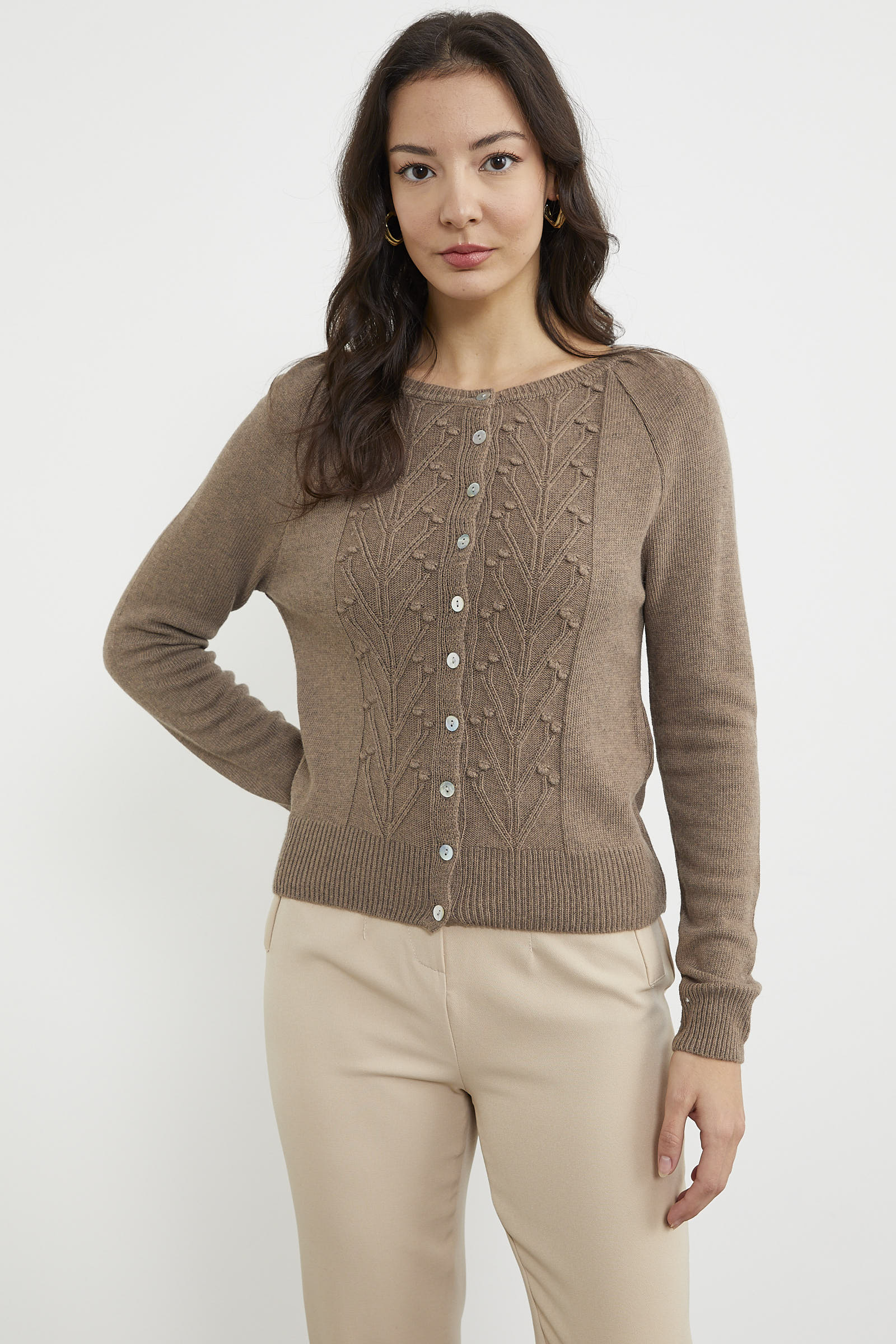 Motifli Düğmeli Kısa Triko Hırka - Vizon (3) Sementa