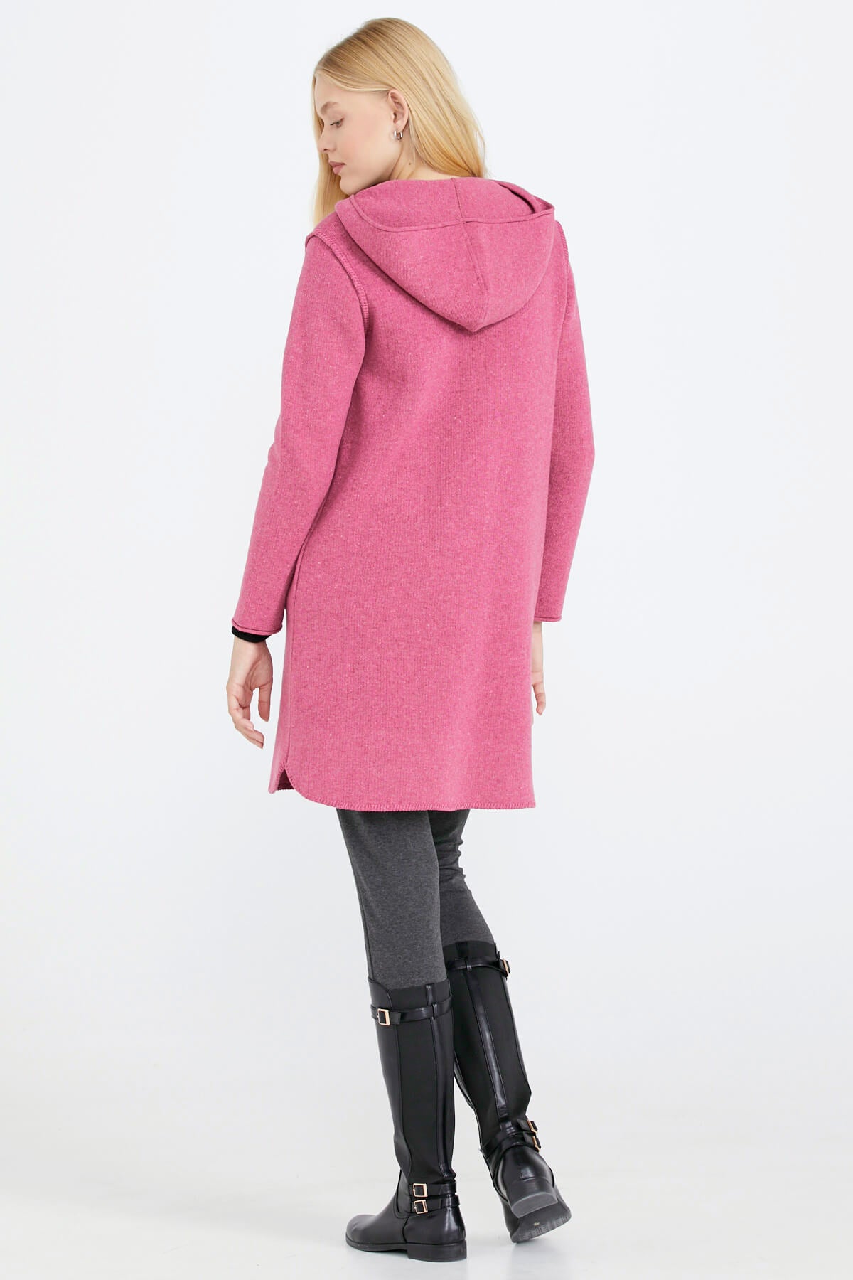 Nakış Desenli Kapüşonlu Kadın Triko Ceket - Gül (4) Sementa