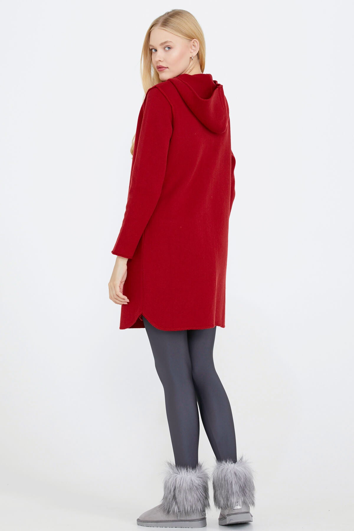 Nakış Desenli Kapüşonlu Kadın Triko Ceket - Kırmızı (4) Sementa