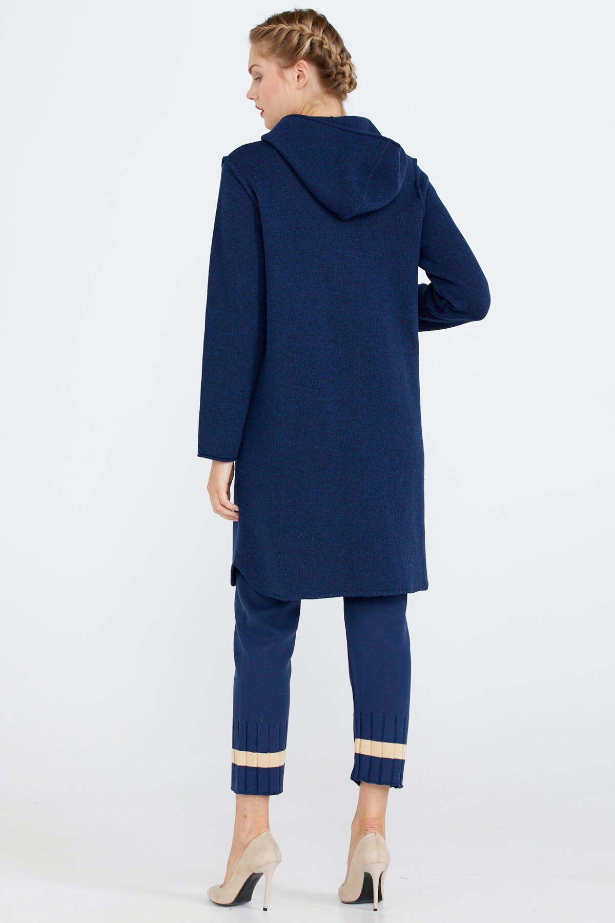 Nakış Desenli Kapüşonlu Kadın Triko Ceket - Lacivert (4) Sementa