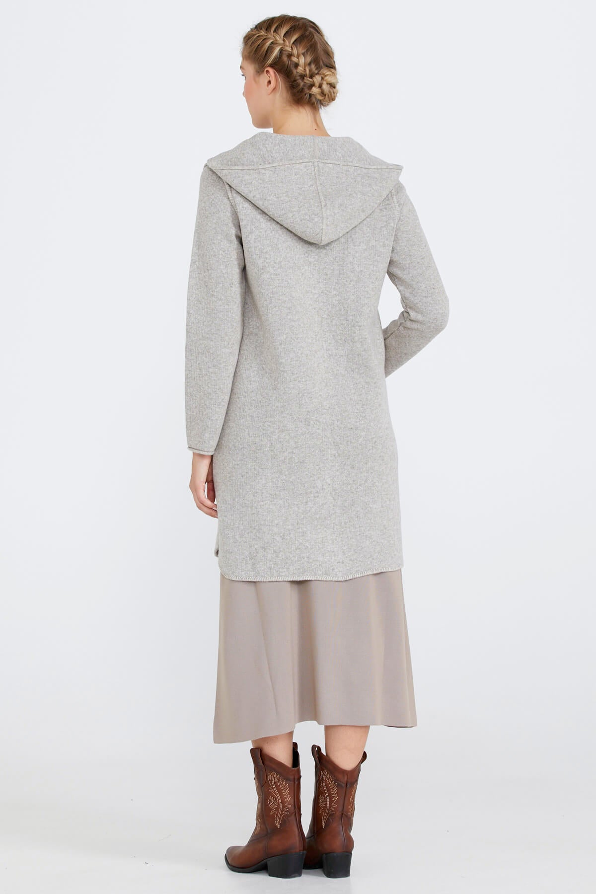 Nakış Desenli Kapüşonlu Kadın Triko Ceket - Vizon (4) Sementa