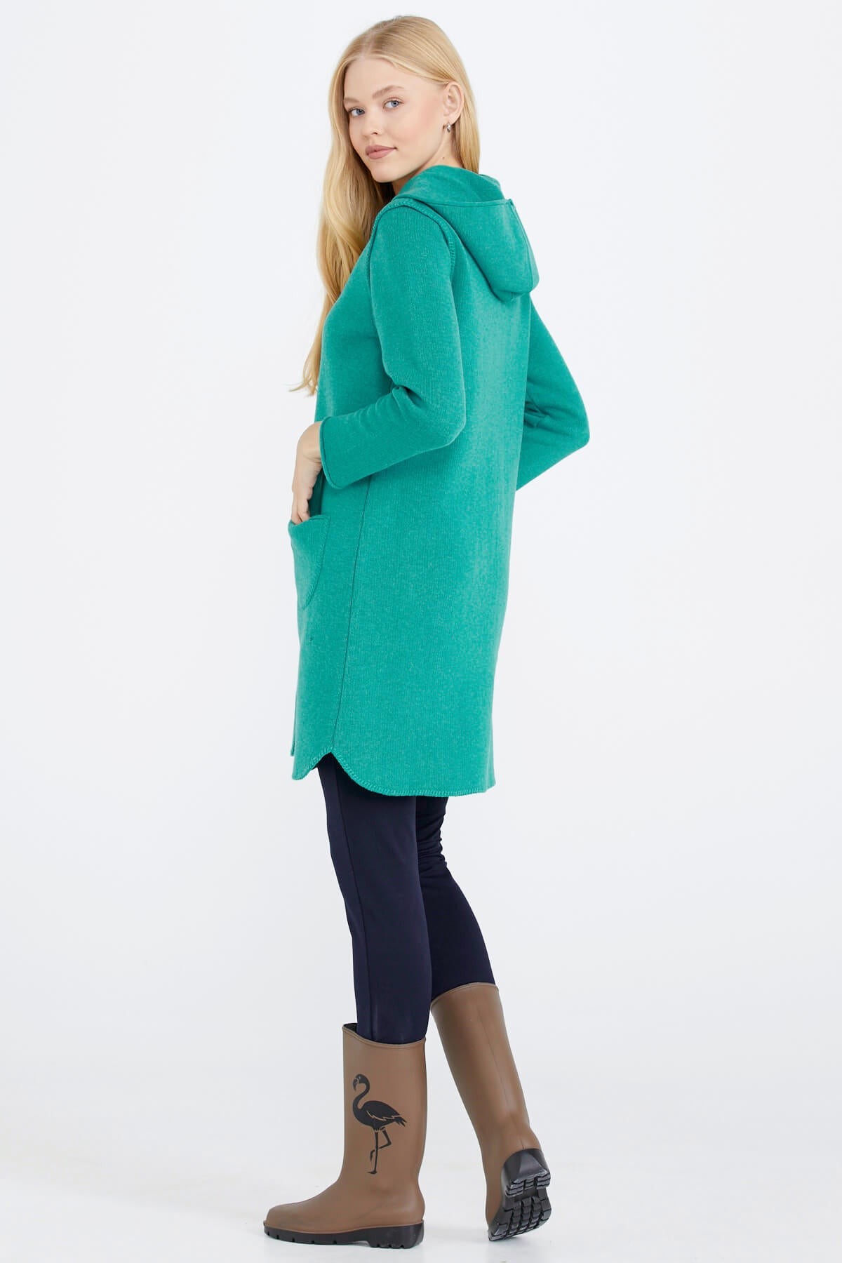 Nakış Desenli Kapüşonlu Kadın Triko Ceket - Yeşil (4) Sementa