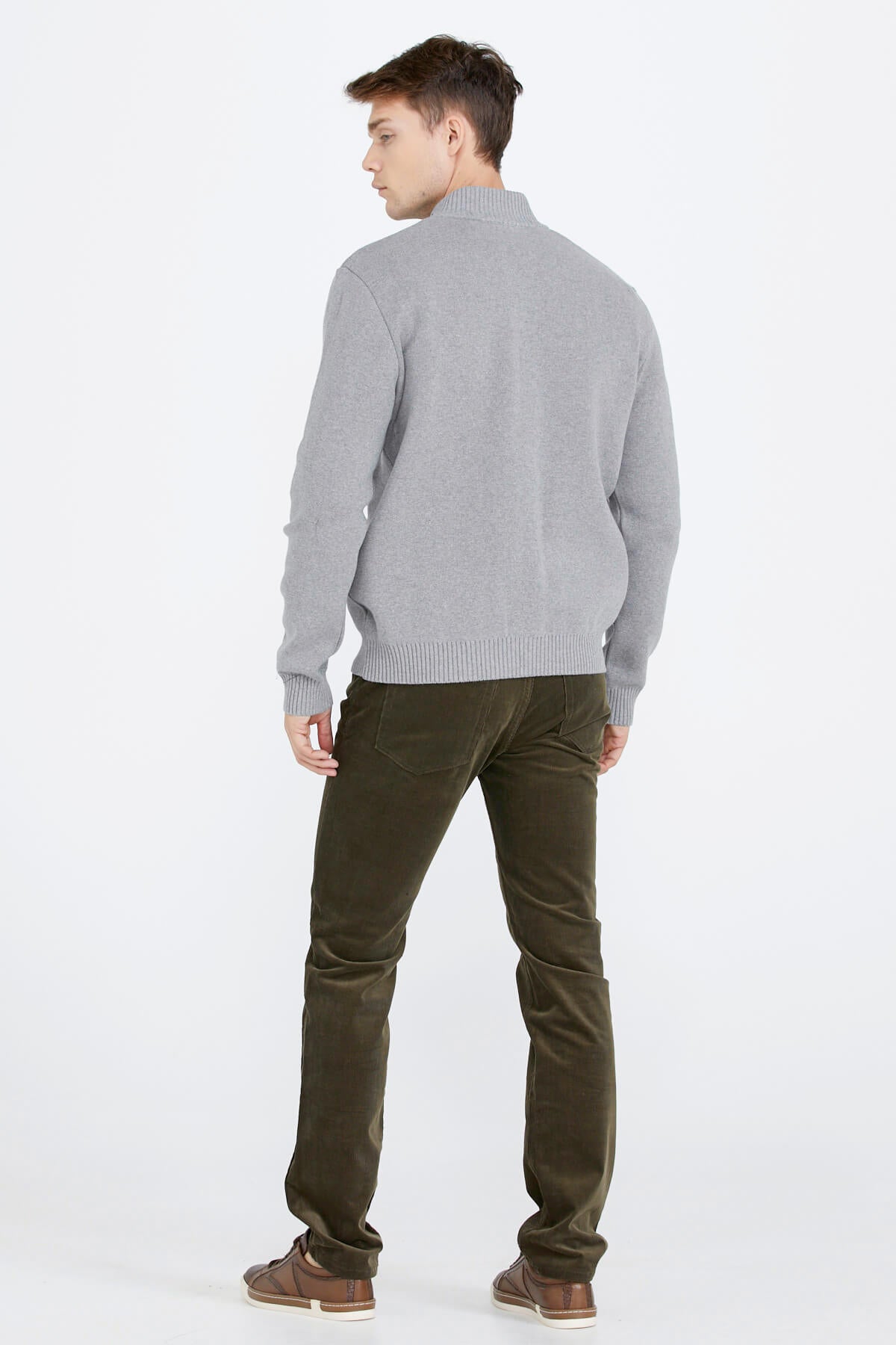 Nakış Detaylı Cepli Erkek Triko Ceket - Açık Gri (4) Sementa