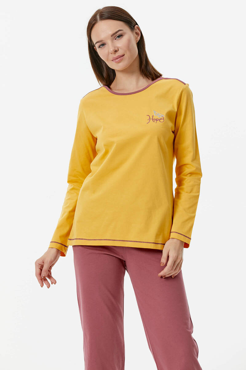 Nakış Detaylı Desenli Pijama Takım - Sarı - Gül Kurusu (1) Sementa