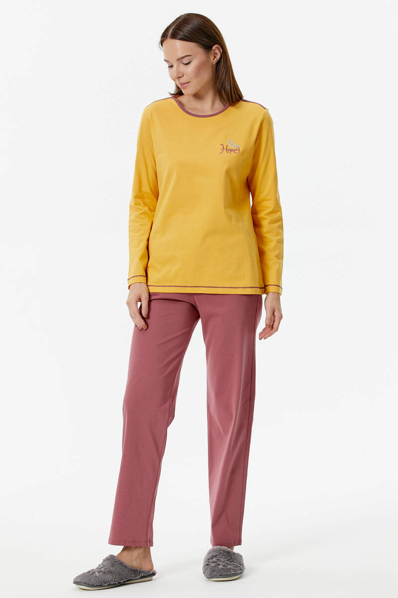 Nakış Detaylı Desenli Pijama Takım - Sarı - Gül Kurusu (2) Sementa
