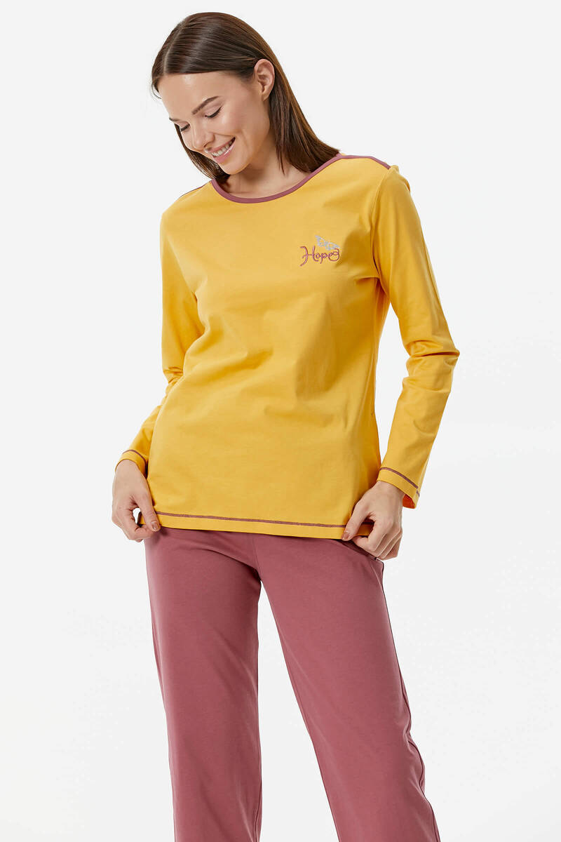 Nakış Detaylı Desenli Pijama Takım - Sarı - Gül Kurusu (3) Sementa