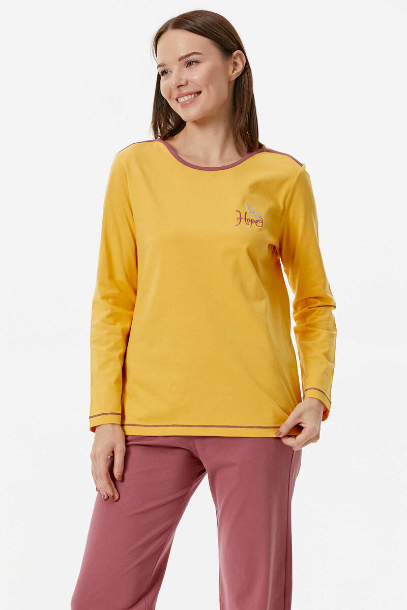 Nakış Detaylı Desenli Pijama Takım - Sarı - Gül Kurusu (4) Sementa