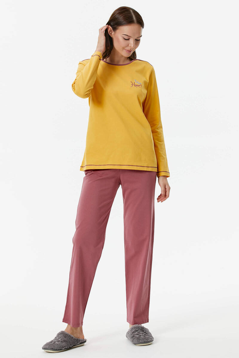 Nakış Detaylı Desenli Pijama Takım - Sarı - Gül Kurusu (5) Sementa