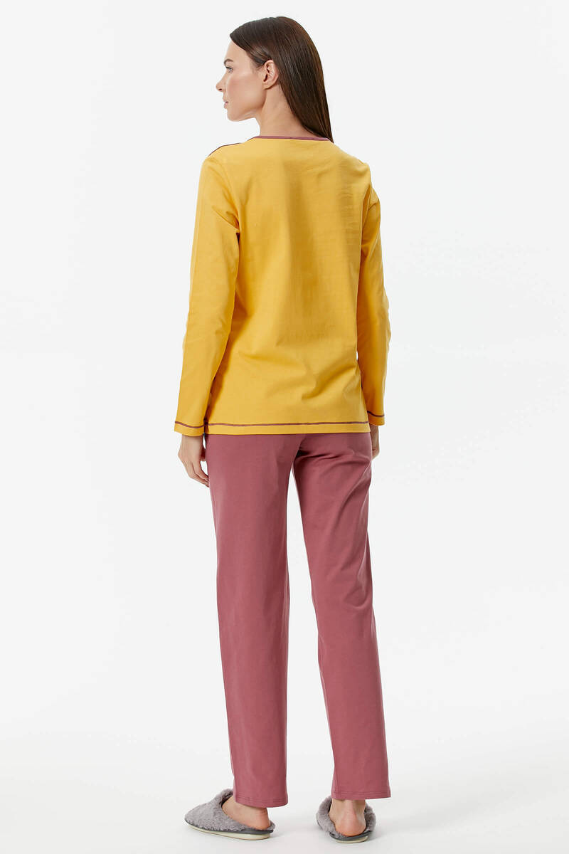 Nakış Detaylı Desenli Pijama Takım - Sarı - Gül Kurusu (6) Sementa