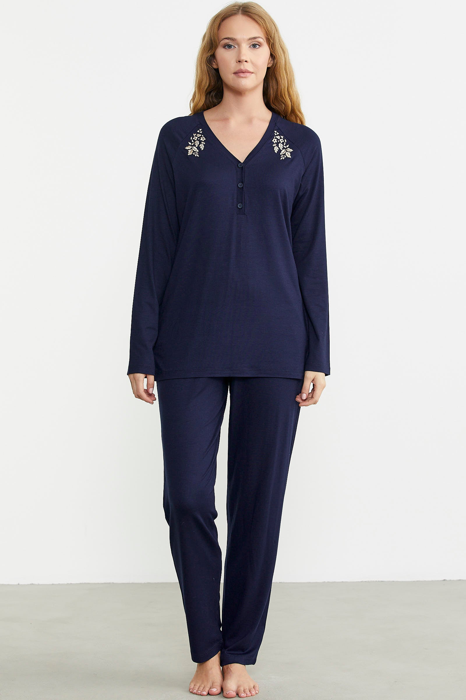 Nakış Detaylı Düğmeli Pijama Takım - Lacivert - Sementa