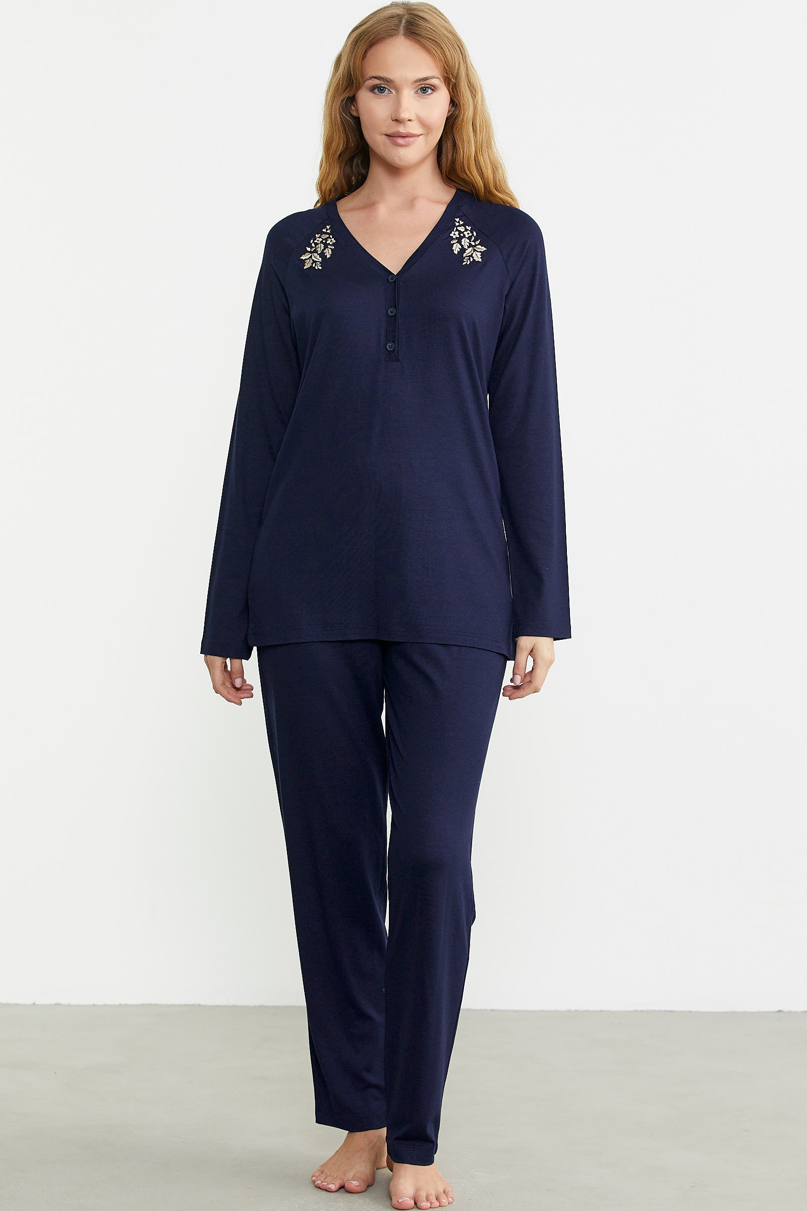 Nakış Detaylı Düğmeli Pijama Takım - Lacivert - Sementa