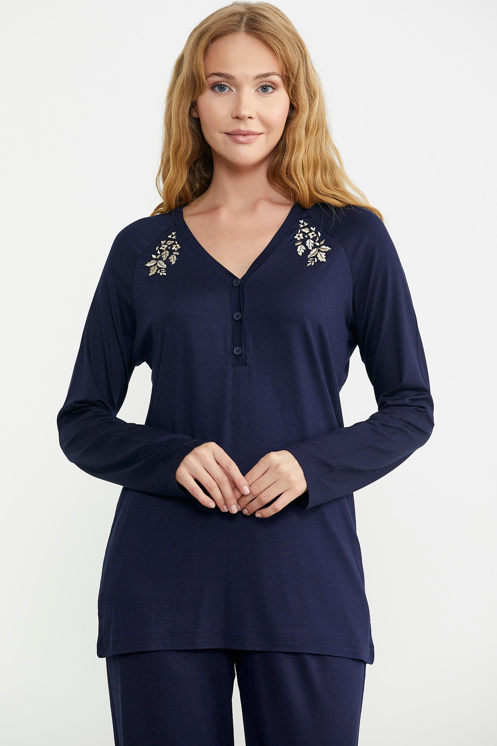 Nakış Detaylı Düğmeli Pijama Takım - Lacivert - Sementa