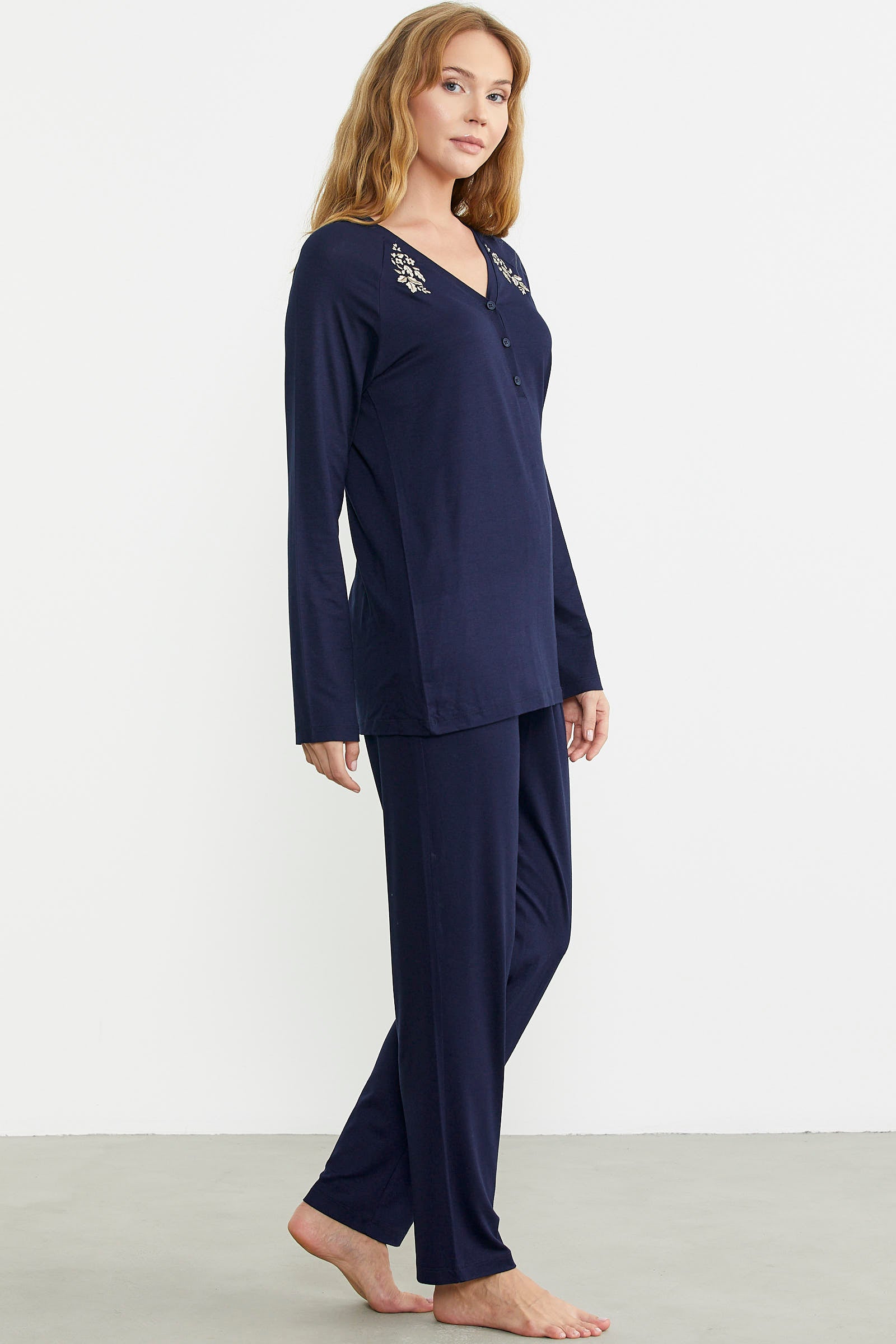 Nakış Detaylı Düğmeli Pijama Takım - Lacivert - Sementa