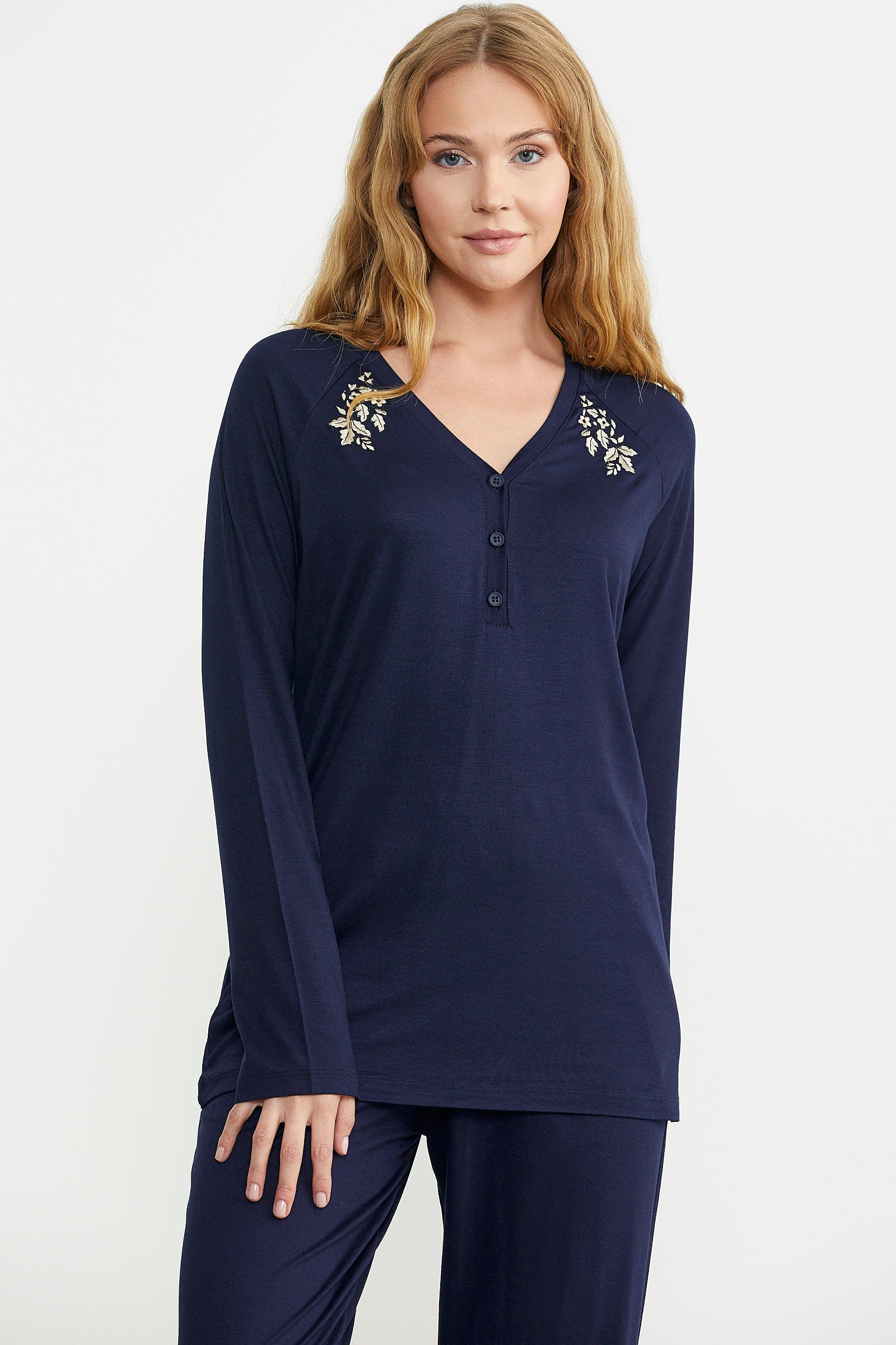 Nakış Detaylı Düğmeli Pijama Takım - Lacivert - Sementa