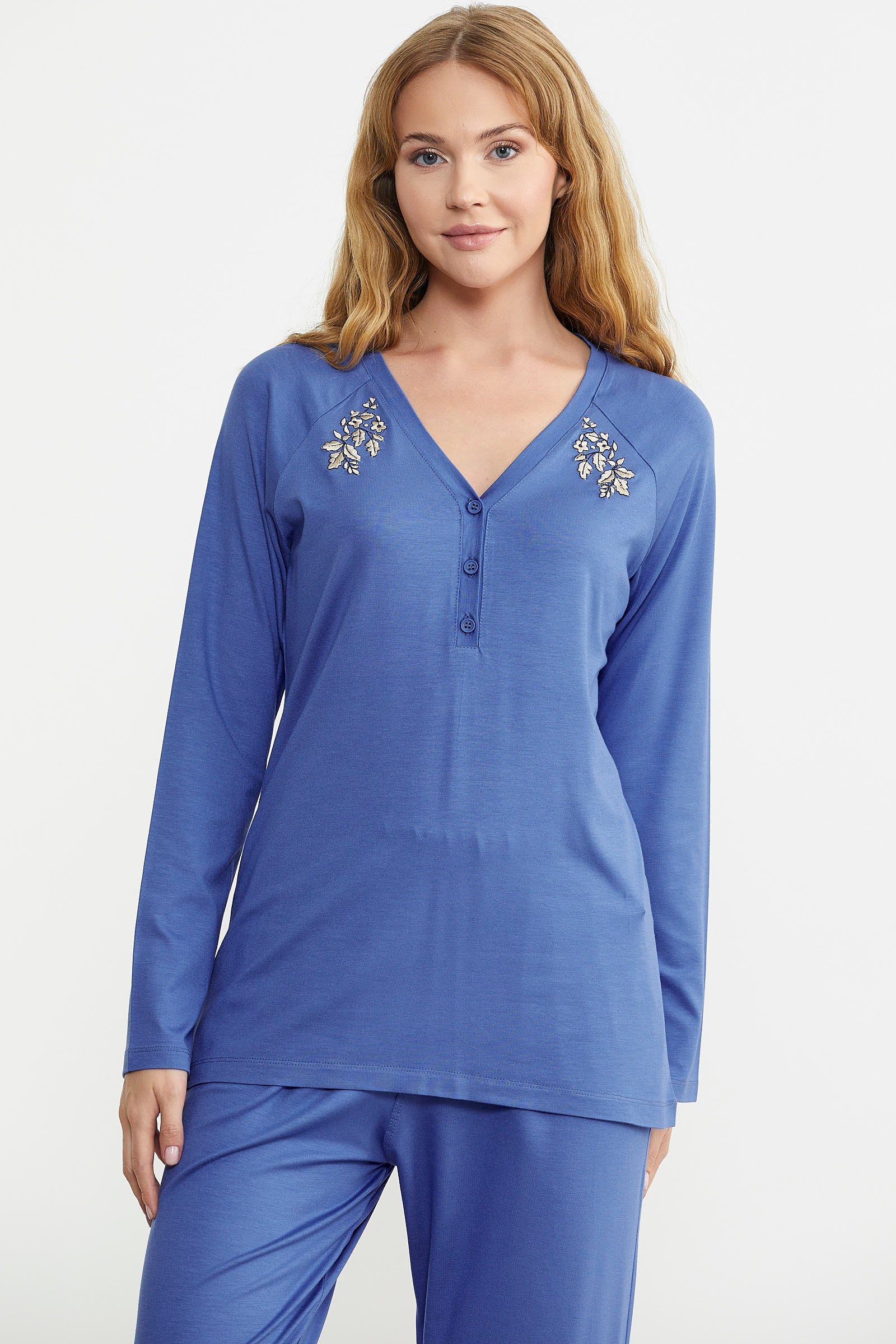 Nakış Detaylı Düğmeli Pijama Takım - Mavi - Sementa