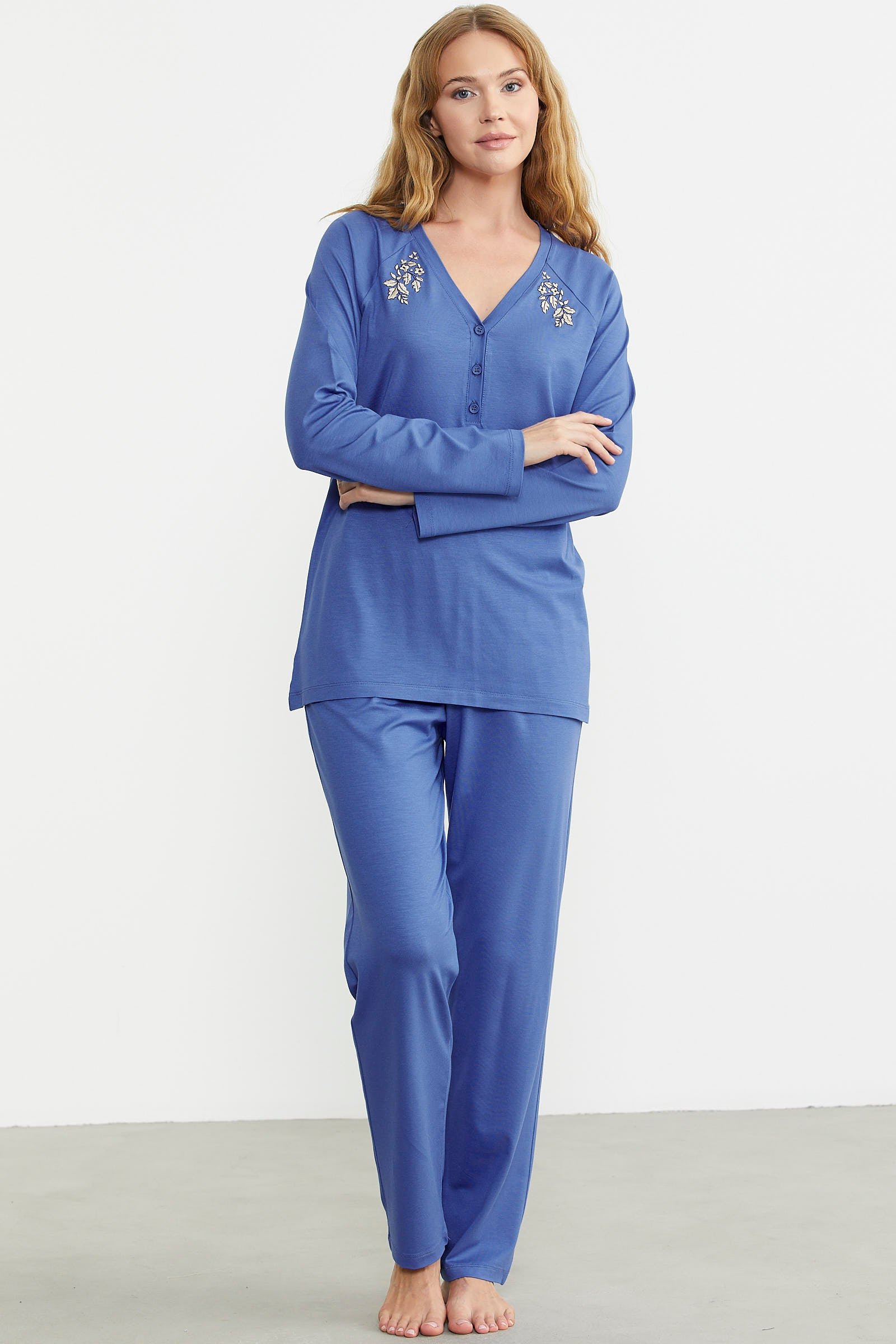 Nakış Detaylı Düğmeli Pijama Takım - Mavi - Sementa