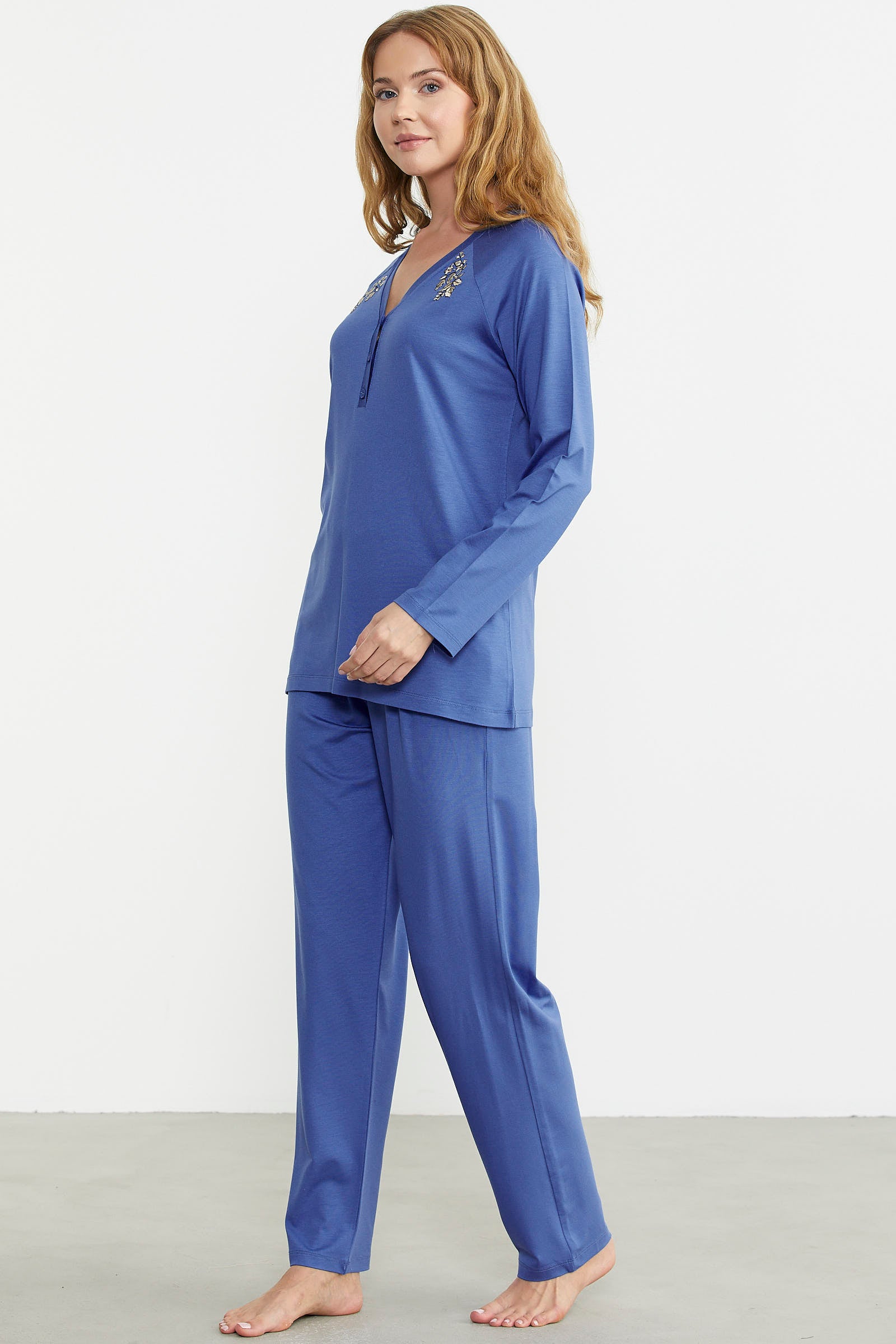 Nakış Detaylı Düğmeli Pijama Takım - Mavi - Sementa