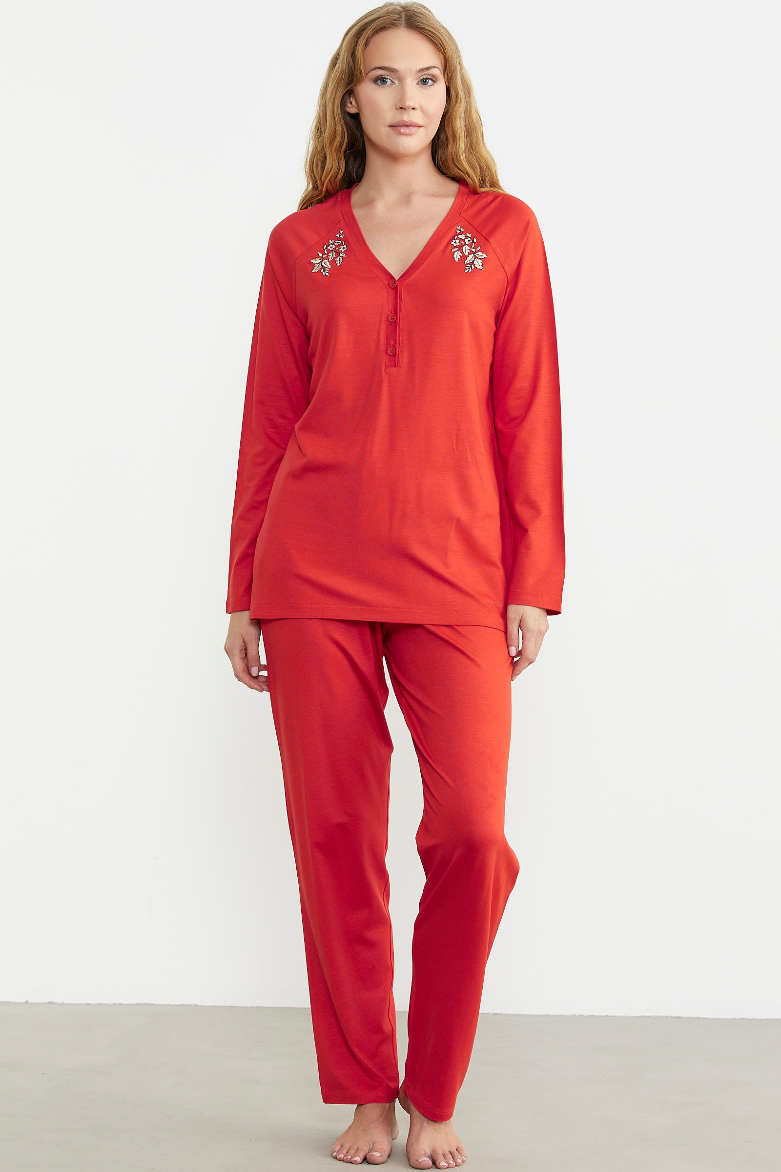 Nakış Detaylı Düğmeli Pijama Takım - Mercan - Sementa