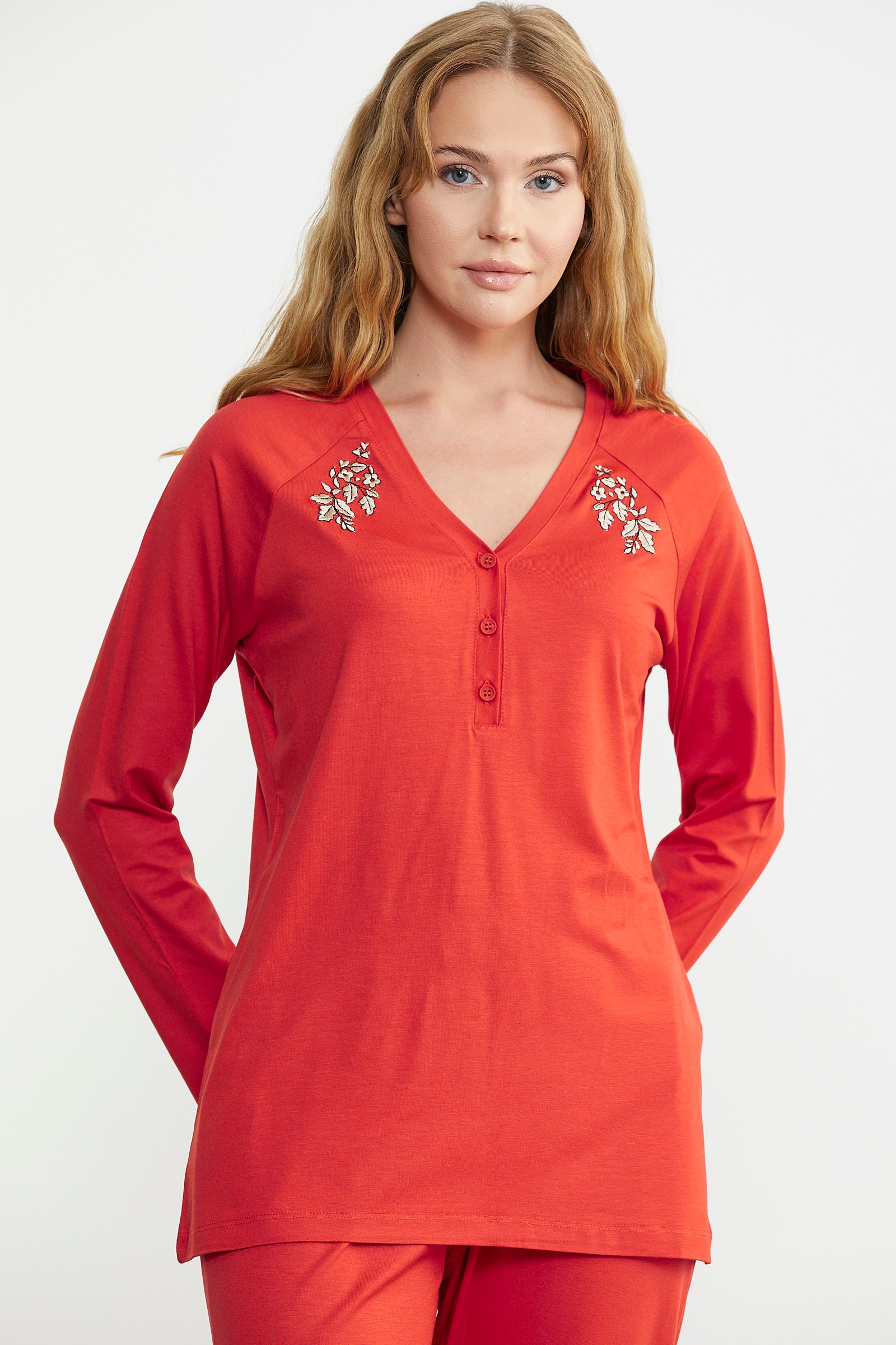 Nakış Detaylı Düğmeli Pijama Takım - Mercan - Sementa