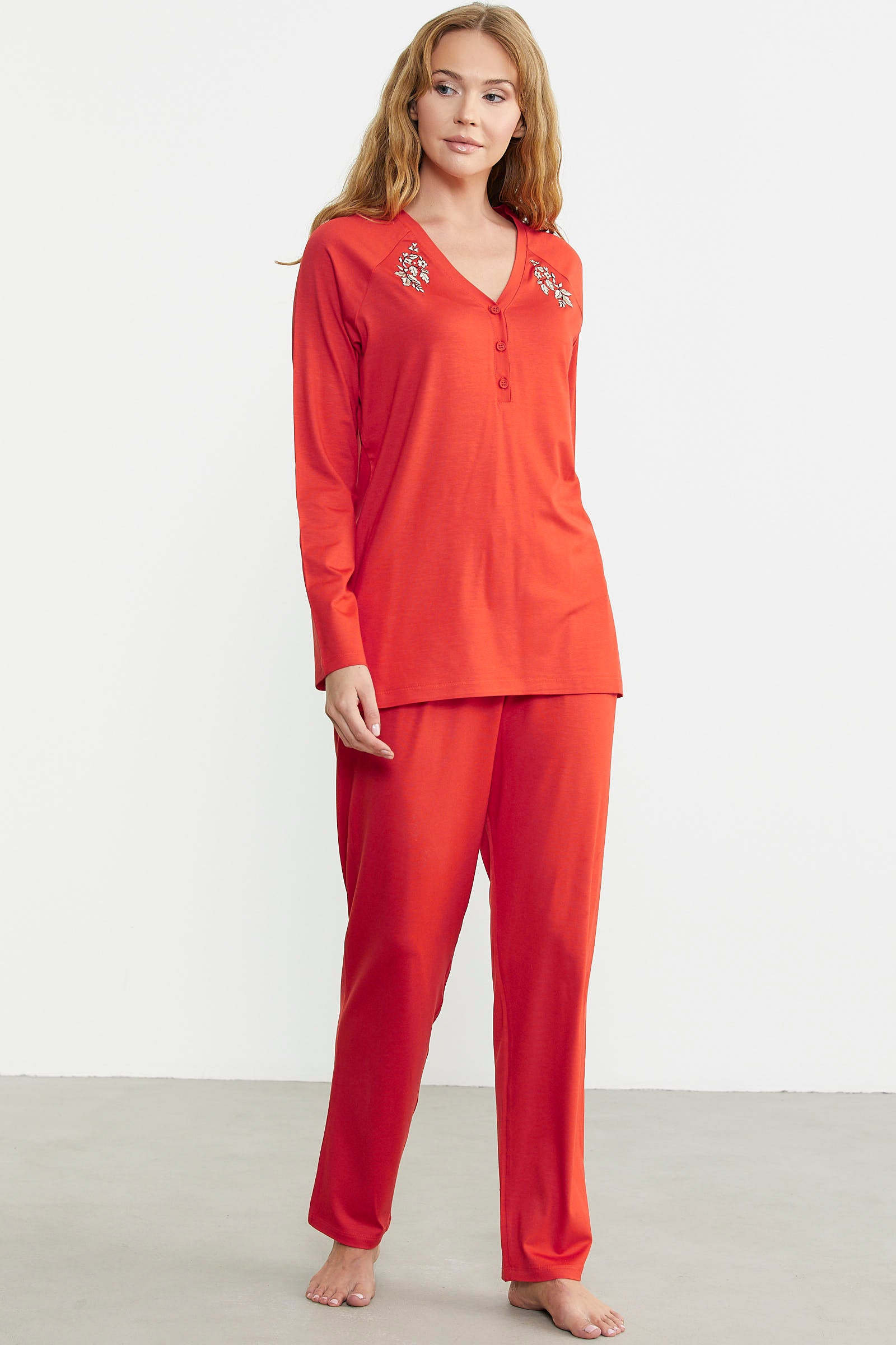 Nakış Detaylı Düğmeli Pijama Takım - Mercan - Sementa