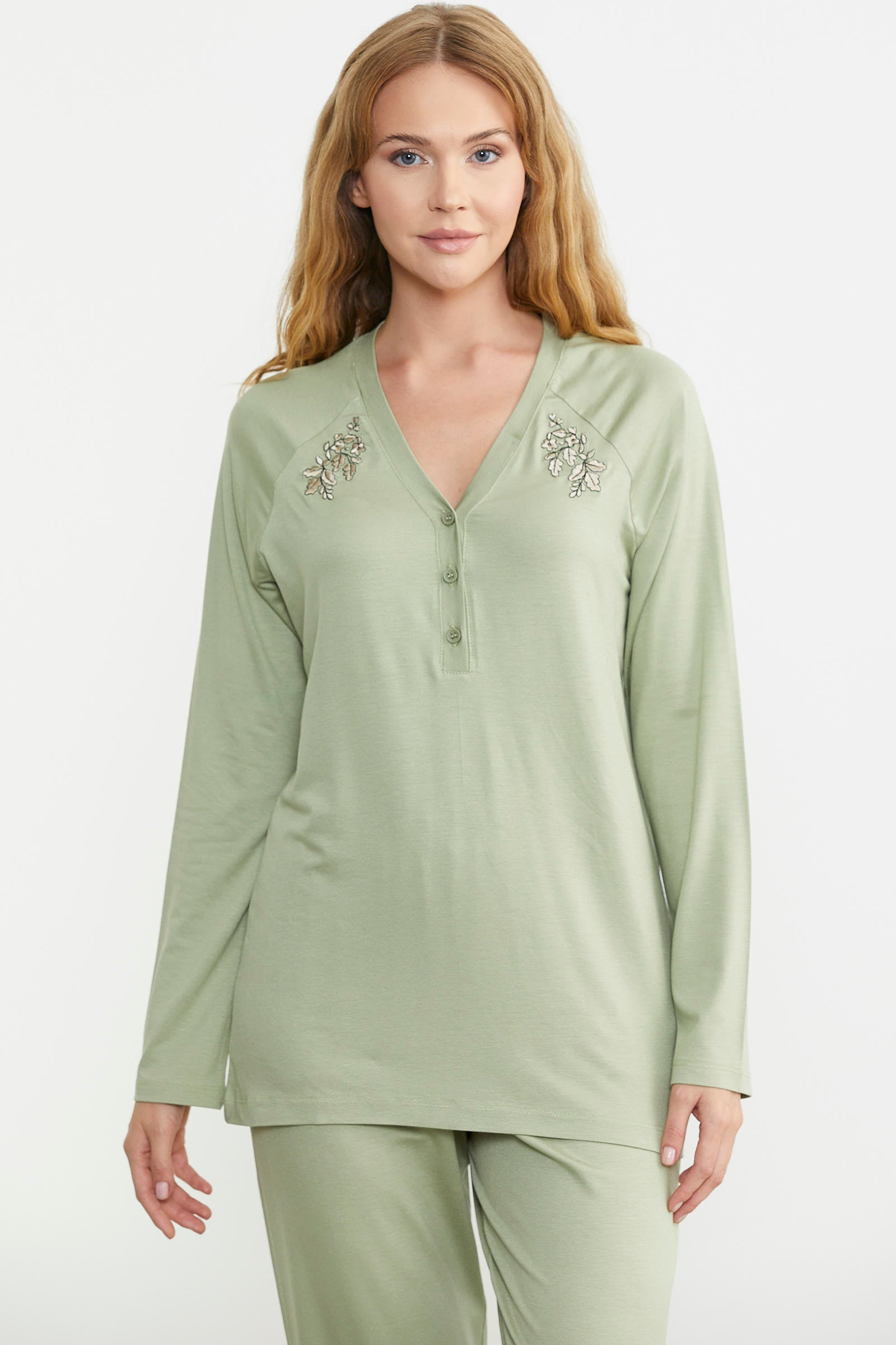 Nakış Detaylı Düğmeli Pijama Takım - Yeşil - Sementa