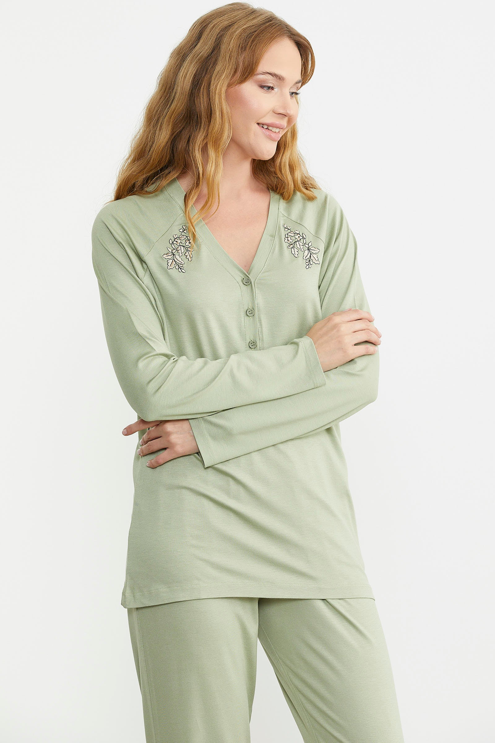 Nakış Detaylı Düğmeli Pijama Takım - Yeşil - Sementa