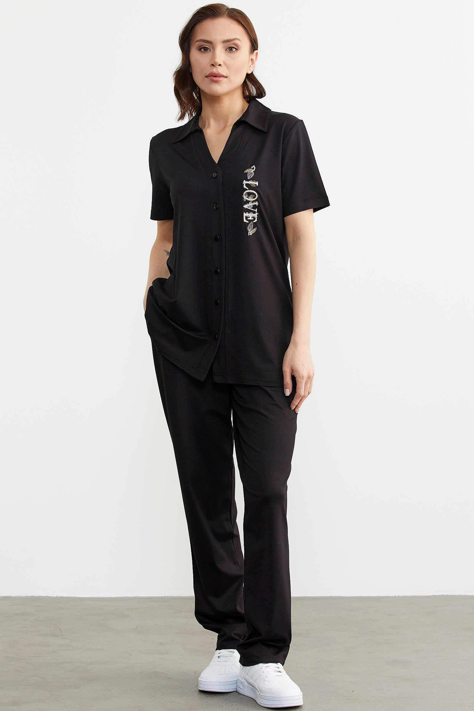 Nakış Detaylı Gömlek Pantolon Takım - Siyah (2) Sementa