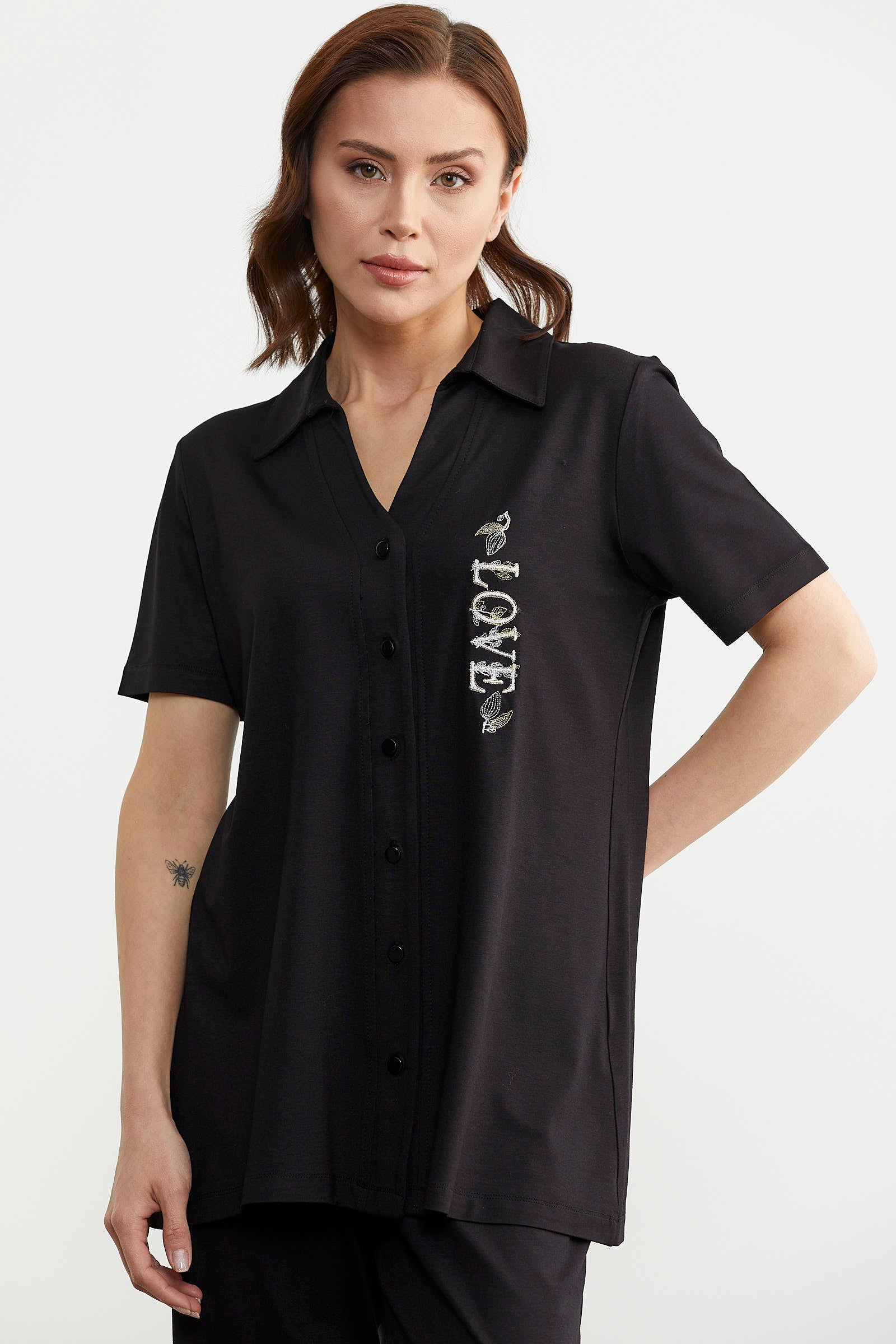 Nakış Detaylı Gömlek Pantolon Takım - Siyah (4) Sementa